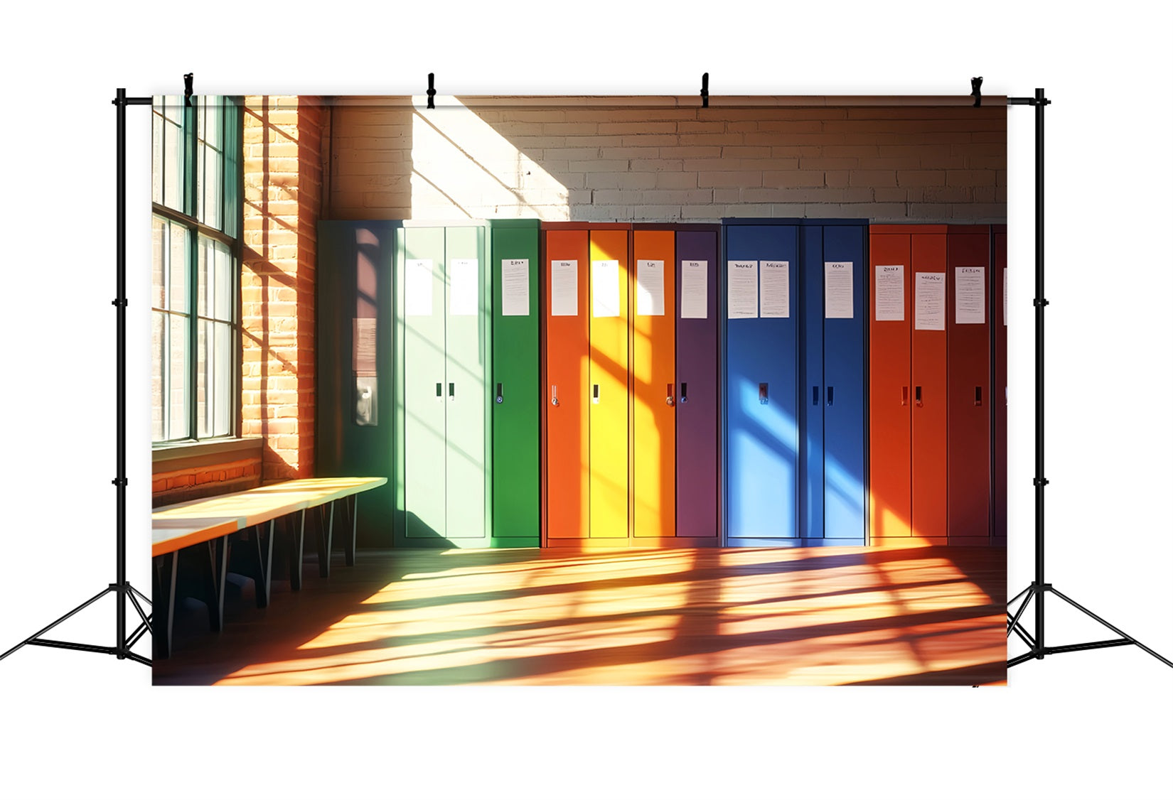Fotohintergrund für Schulflur Regenbogenfarben Schulspinde Fotohintergrund für Schulspinde LXX59-234