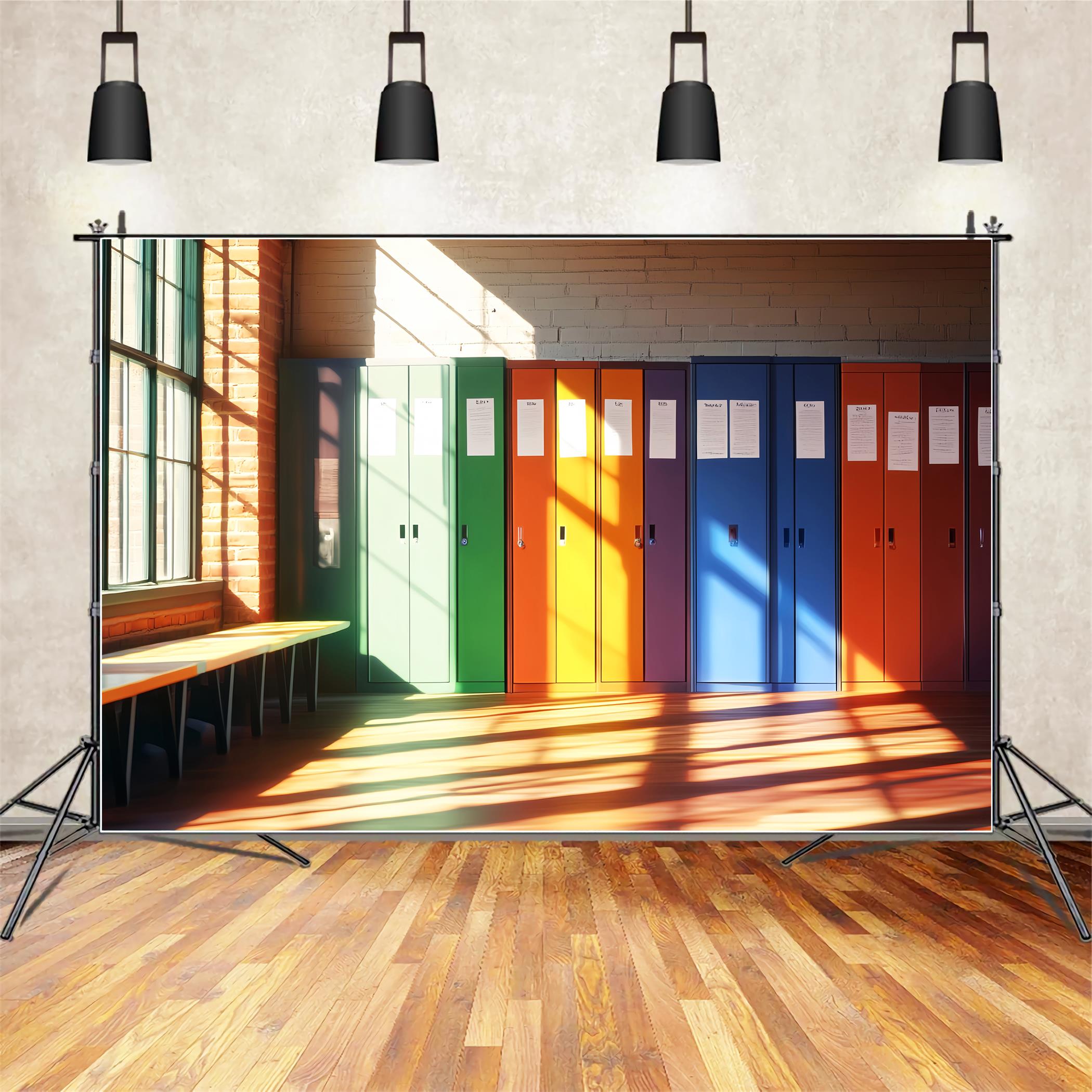 Fotohintergrund für Schulflur Regenbogenfarben Schulspinde Fotohintergrund für Schulspinde LXX59-234