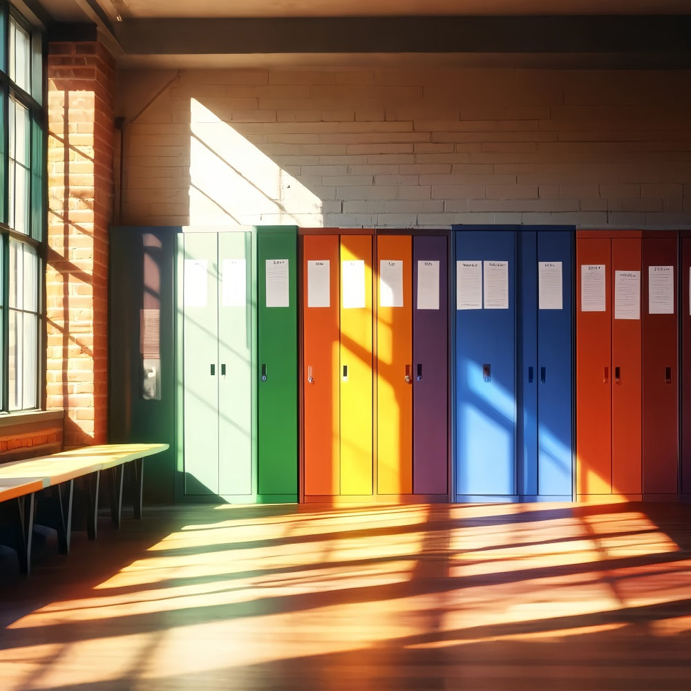 Fotohintergrund für Schulflur Regenbogenfarben Schulspinde Fotohintergrund für Schulspinde LXX59-234