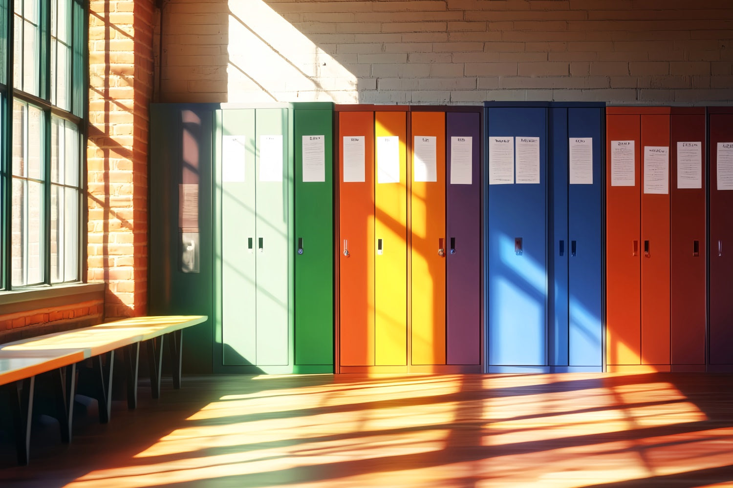 Fotohintergrund für Schulflur Regenbogenfarben Schulspinde Fotohintergrund für Schulspinde LXX59-234