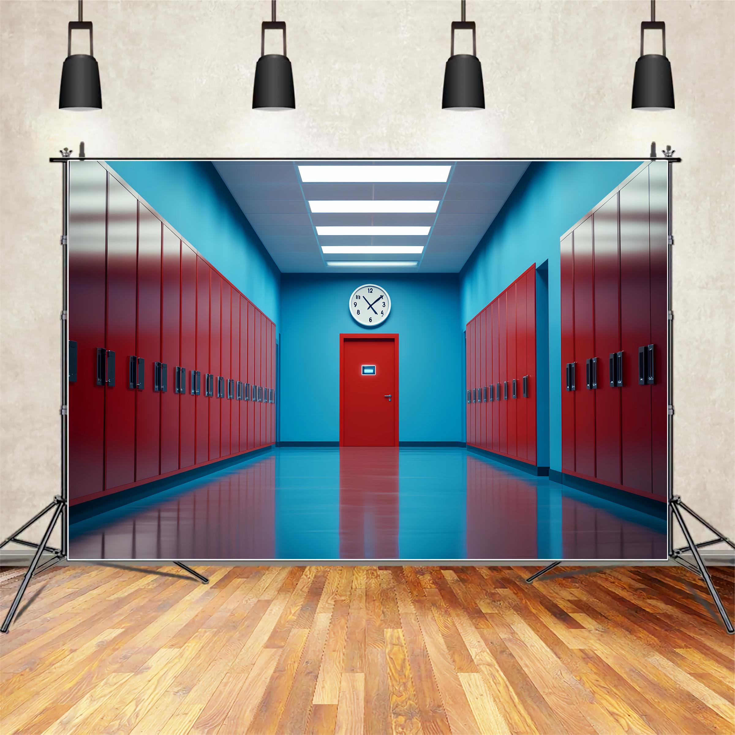 Schulflur-Fotohintergrund Rot-blaue Flur-Schließfächer Schul-Schließfach-Fotohintergrund LXX59-236
