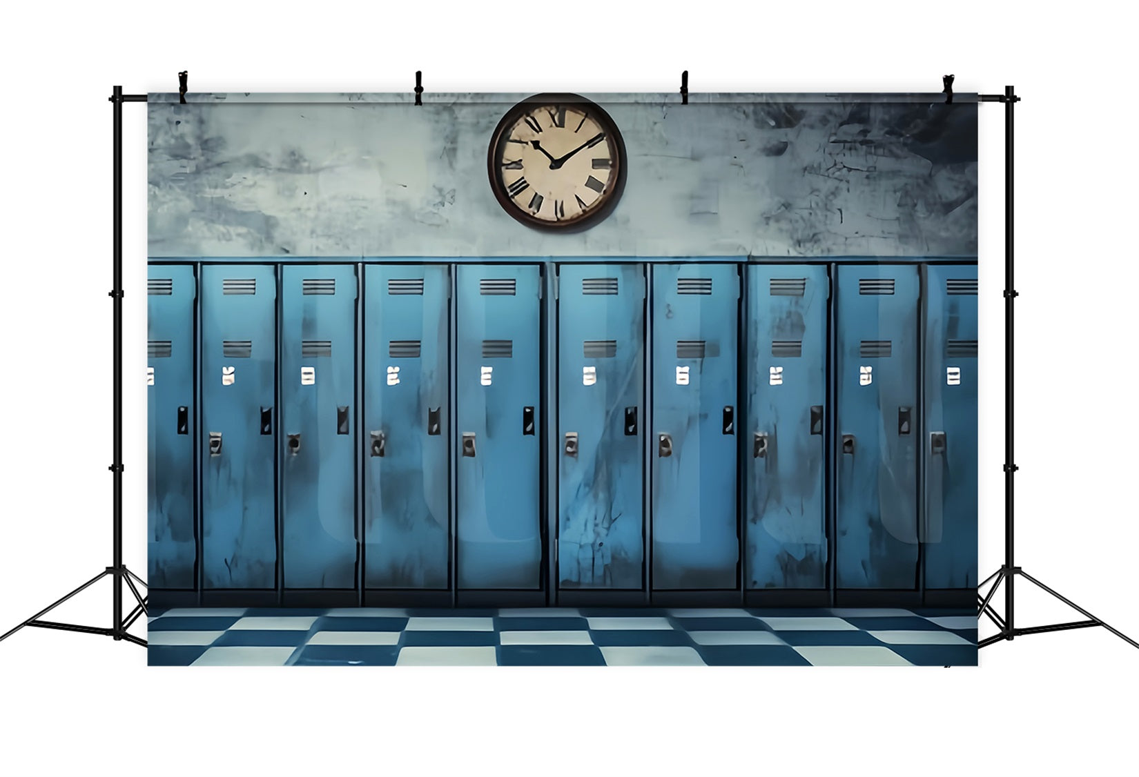 Schulflur-Fotohintergrund Vintage-blaue Schließfächer Uhr Ideen für den Fotohintergrund zum Schulanfang LXX59-237