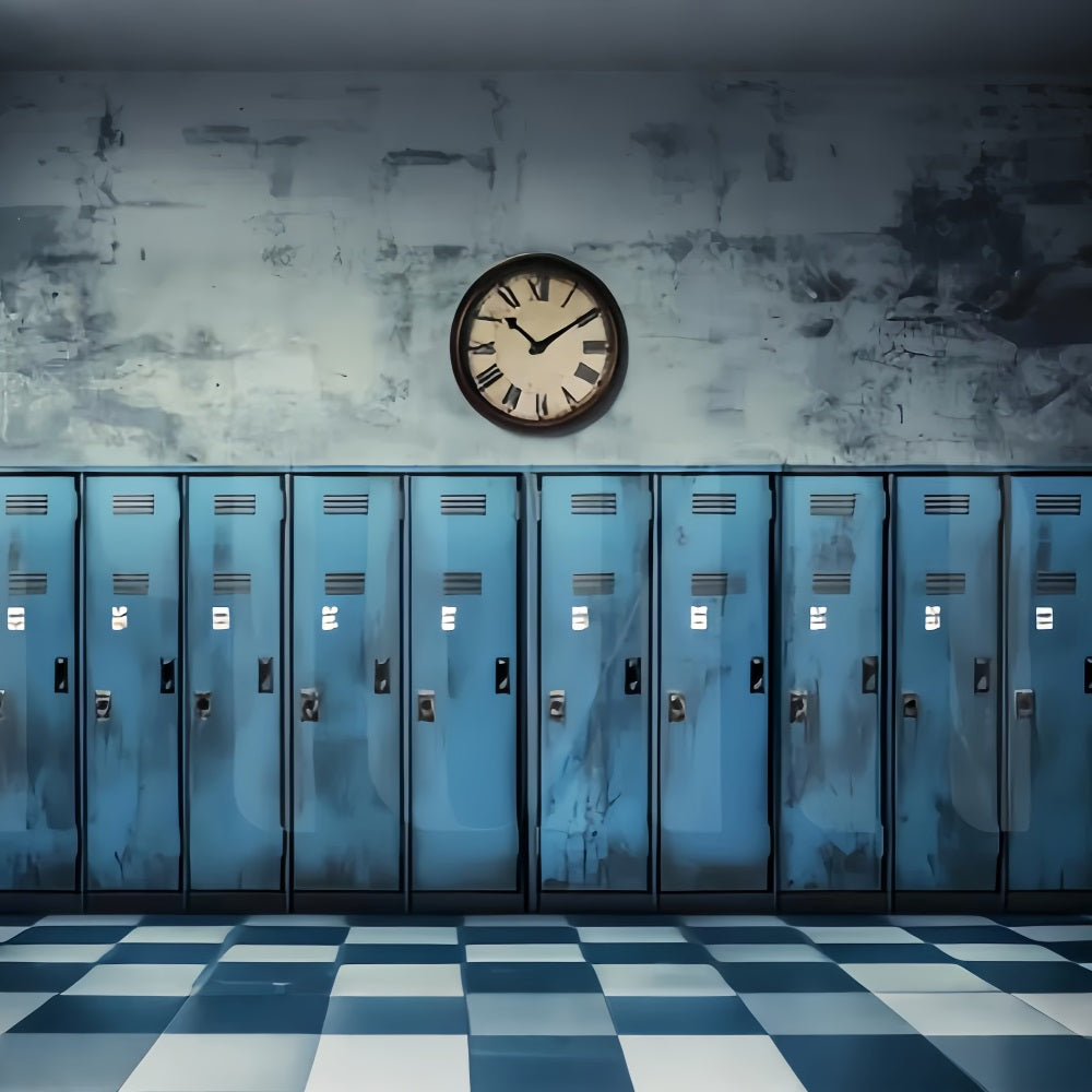 Schulflur-Fotohintergrund Vintage-blaue Schließfächer Uhr Ideen für den Fotohintergrund zum Schulanfang LXX59-237