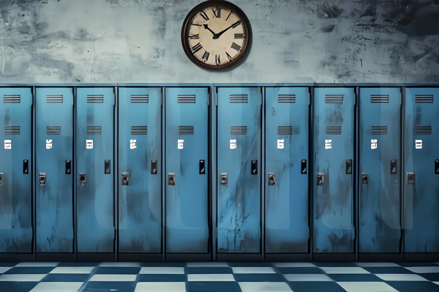 Schulflur-Fotohintergrund Vintage-blaue Schließfächer Uhr Ideen für den Fotohintergrund zum Schulanfang LXX59-237
