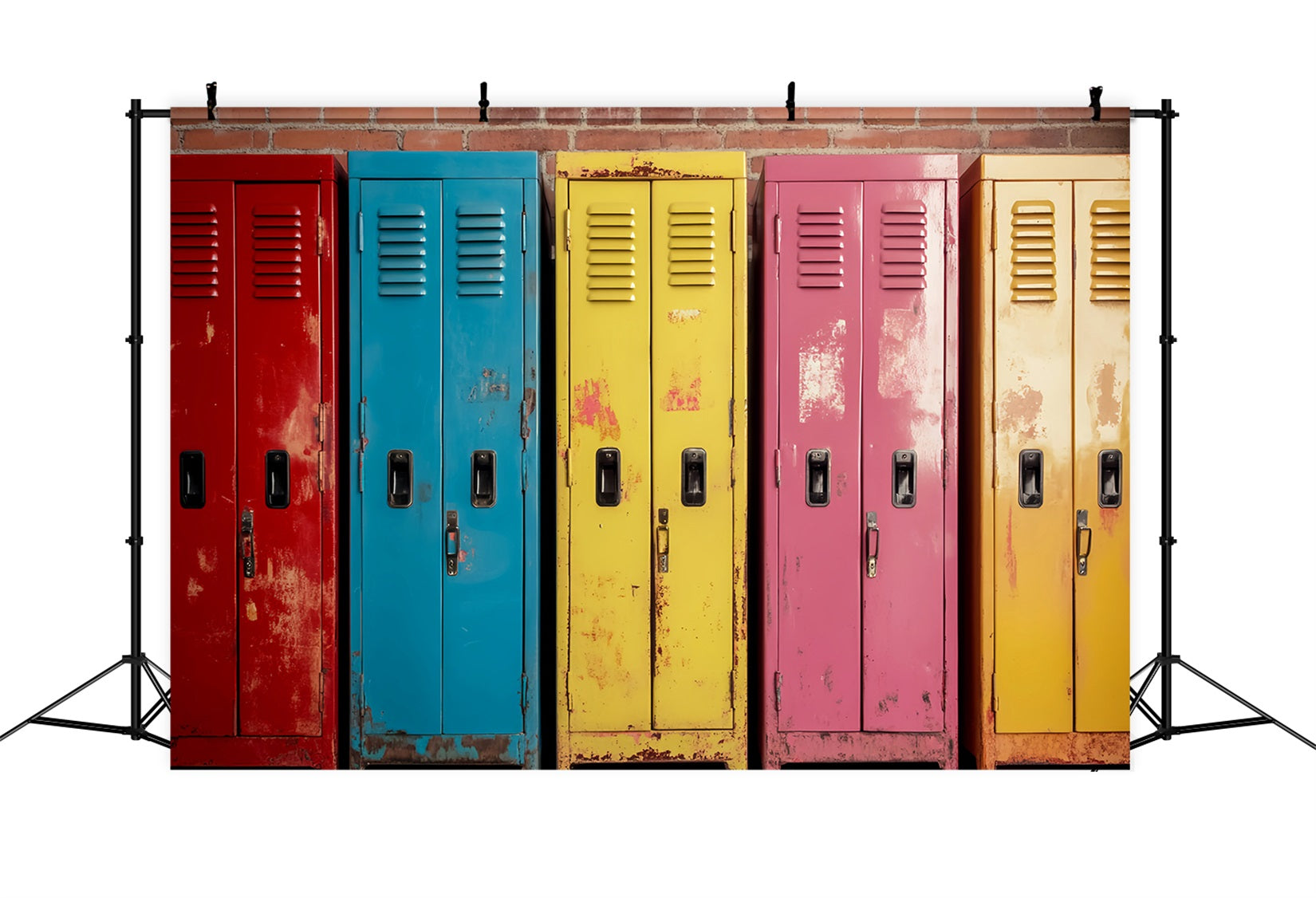 Schulspind-Fotohintergrund Rustikale bunte Metallspinde Zurück zur Schule-Studiohintergründe LXX59-238