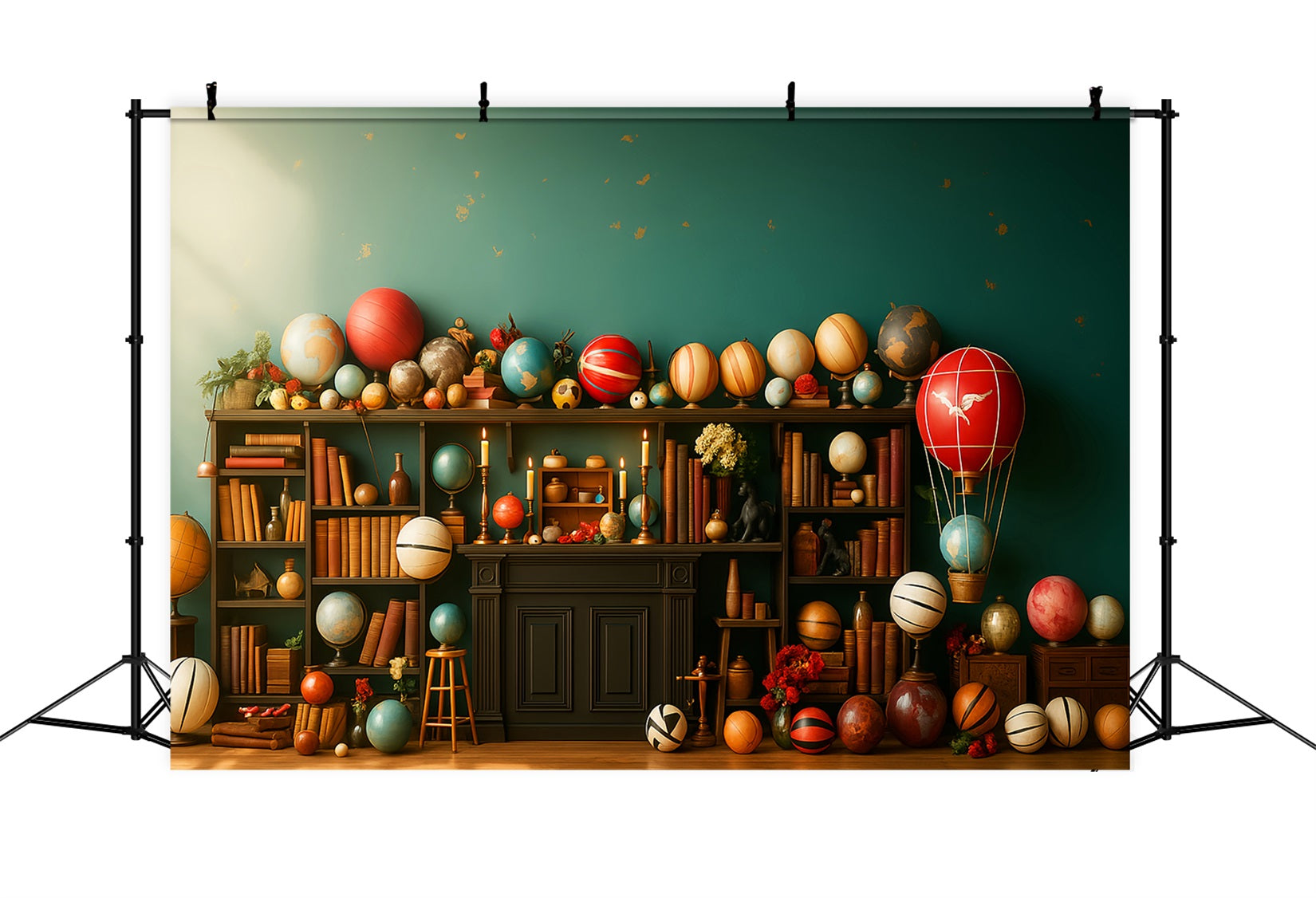 Zurück zur Schule-Fotohintergrund Verspielte Weltkugel Bücherregal-Display Schulfoto-Fotohintergrund LXX59-240