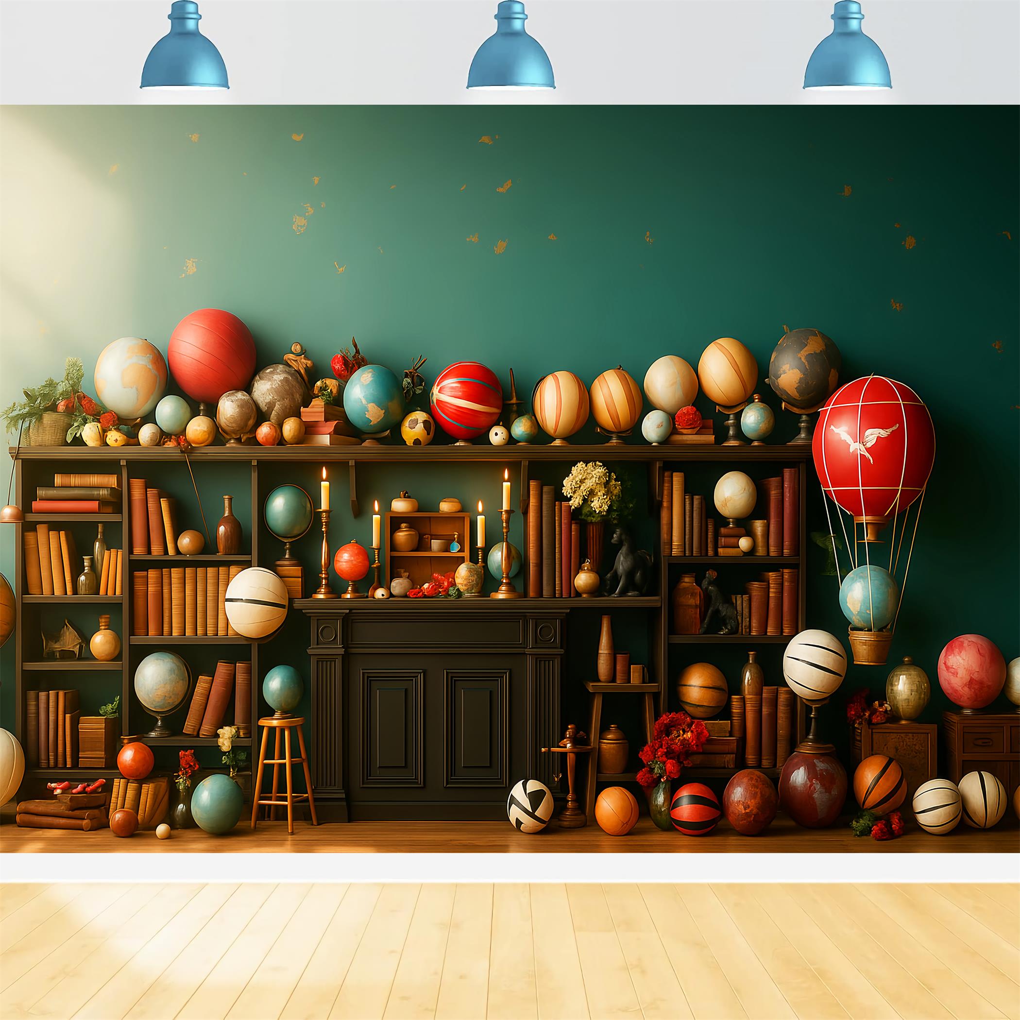 Zurück zur Schule-Fotohintergrund Verspielte Weltkugel Bücherregal-Display Schulfoto-Fotohintergrund LXX59-240