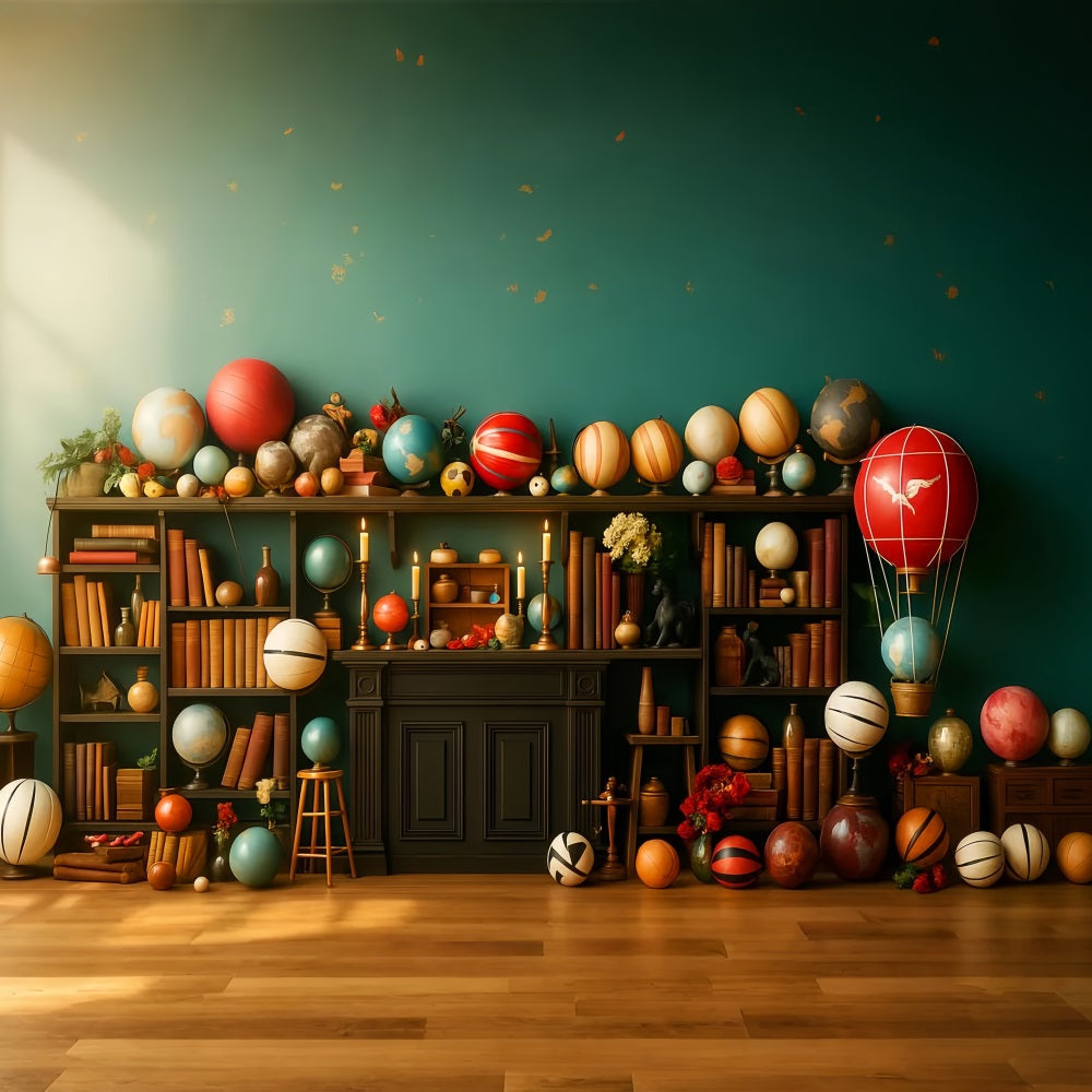 Zurück zur Schule-Fotohintergrund Verspielte Weltkugel Bücherregal-Display Schulfoto-Fotohintergrund LXX59-240
