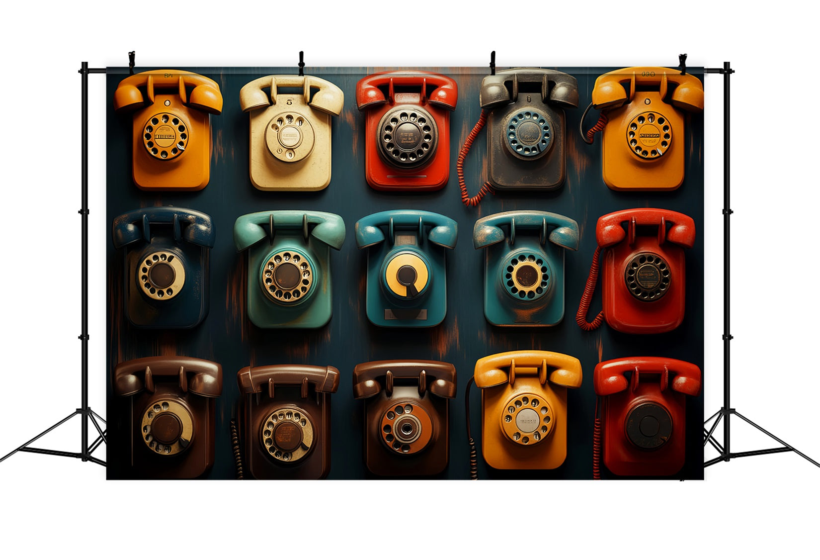 Fotohintergrund für den Schulanfang Bunte Vintage-Wählscheibentelefone Fotohintergrund für Schulfotos LXX59-242