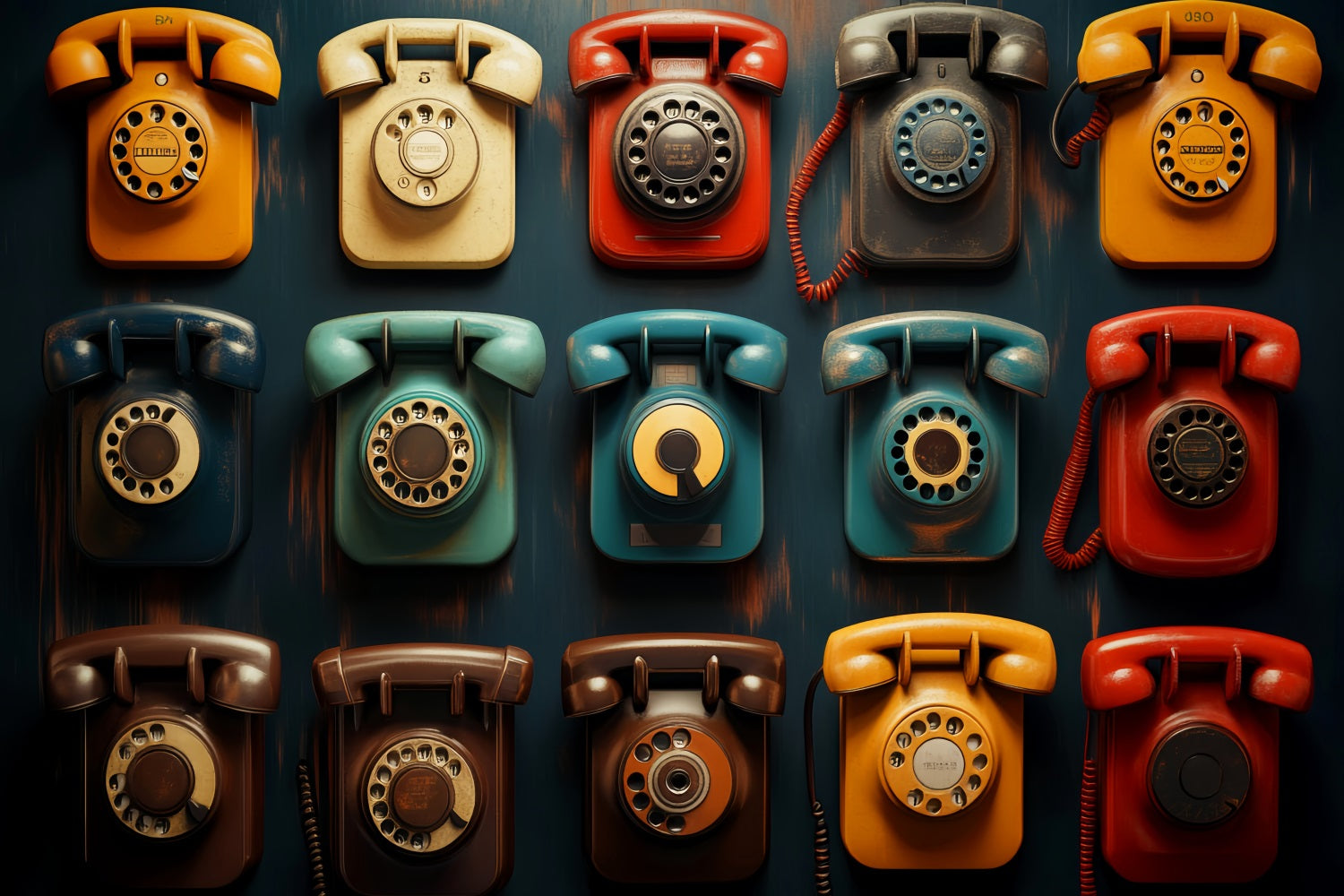 Fotohintergrund für den Schulanfang Bunte Vintage-Wählscheibentelefone Fotohintergrund für Schulfotos LXX59-242