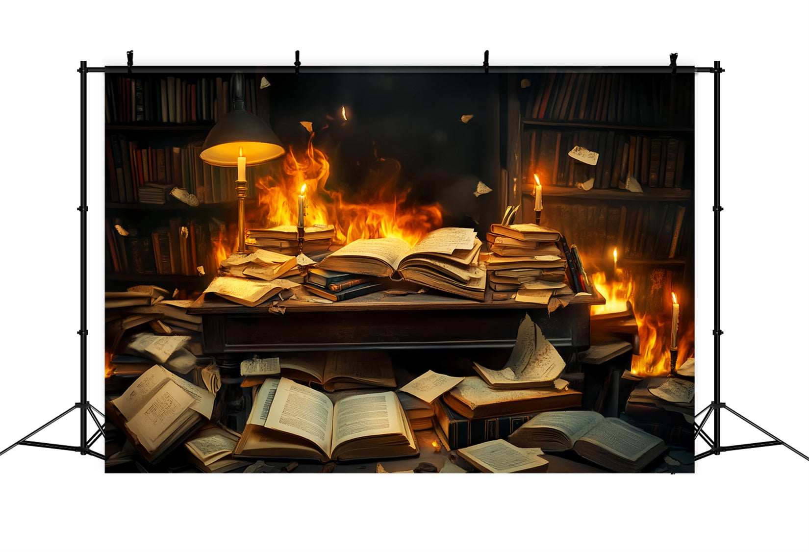 Fotohintergrund für den Schulanfang Brennende Bücher Chaotischer Schreibtisch Fotohintergrund für Schulfotos LXX59-244