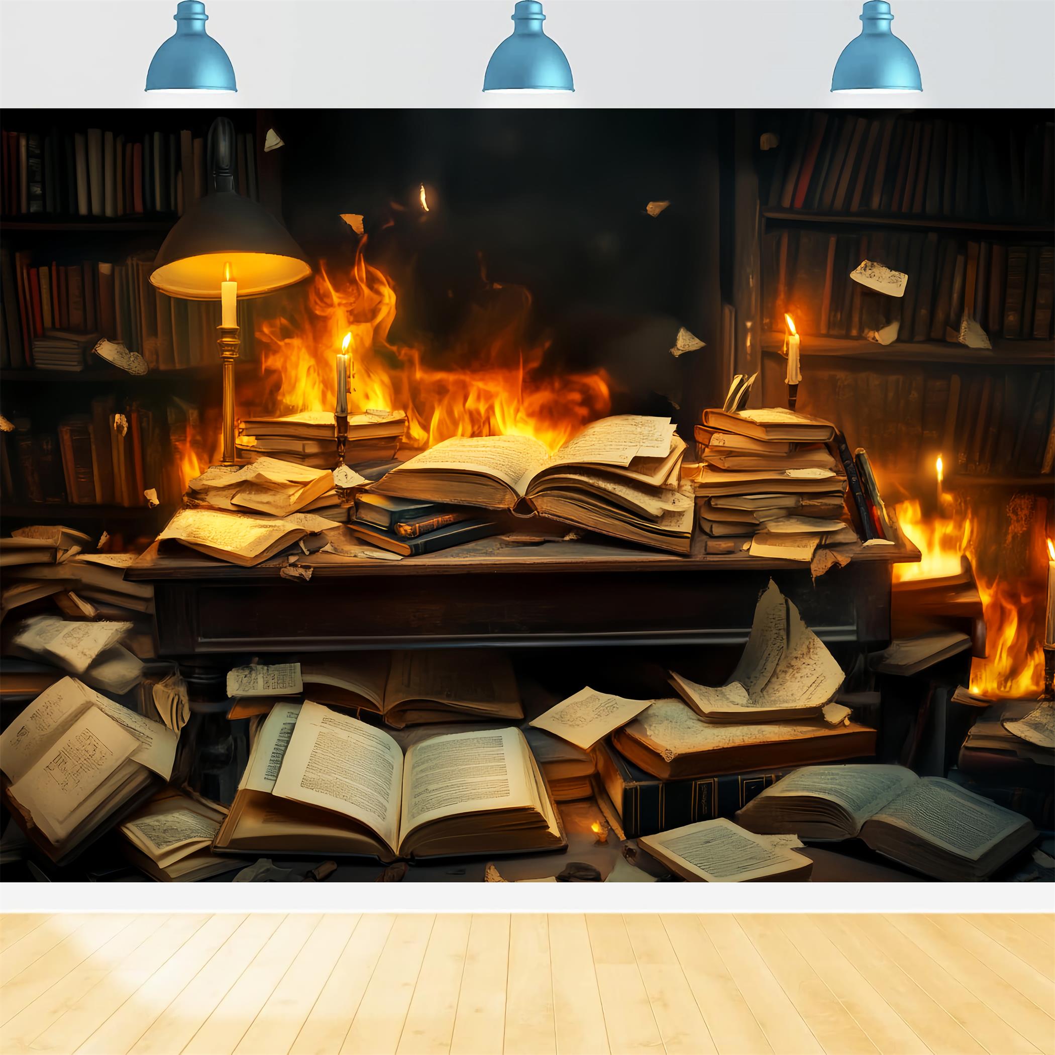 Fotohintergrund für den Schulanfang Brennende Bücher Chaotischer Schreibtisch Fotohintergrund für Schulfotos LXX59-244