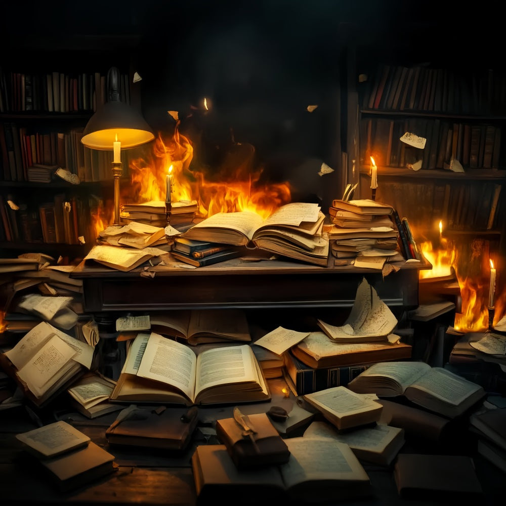 Fotohintergrund für den Schulanfang Brennende Bücher Chaotischer Schreibtisch Fotohintergrund für Schulfotos LXX59-244