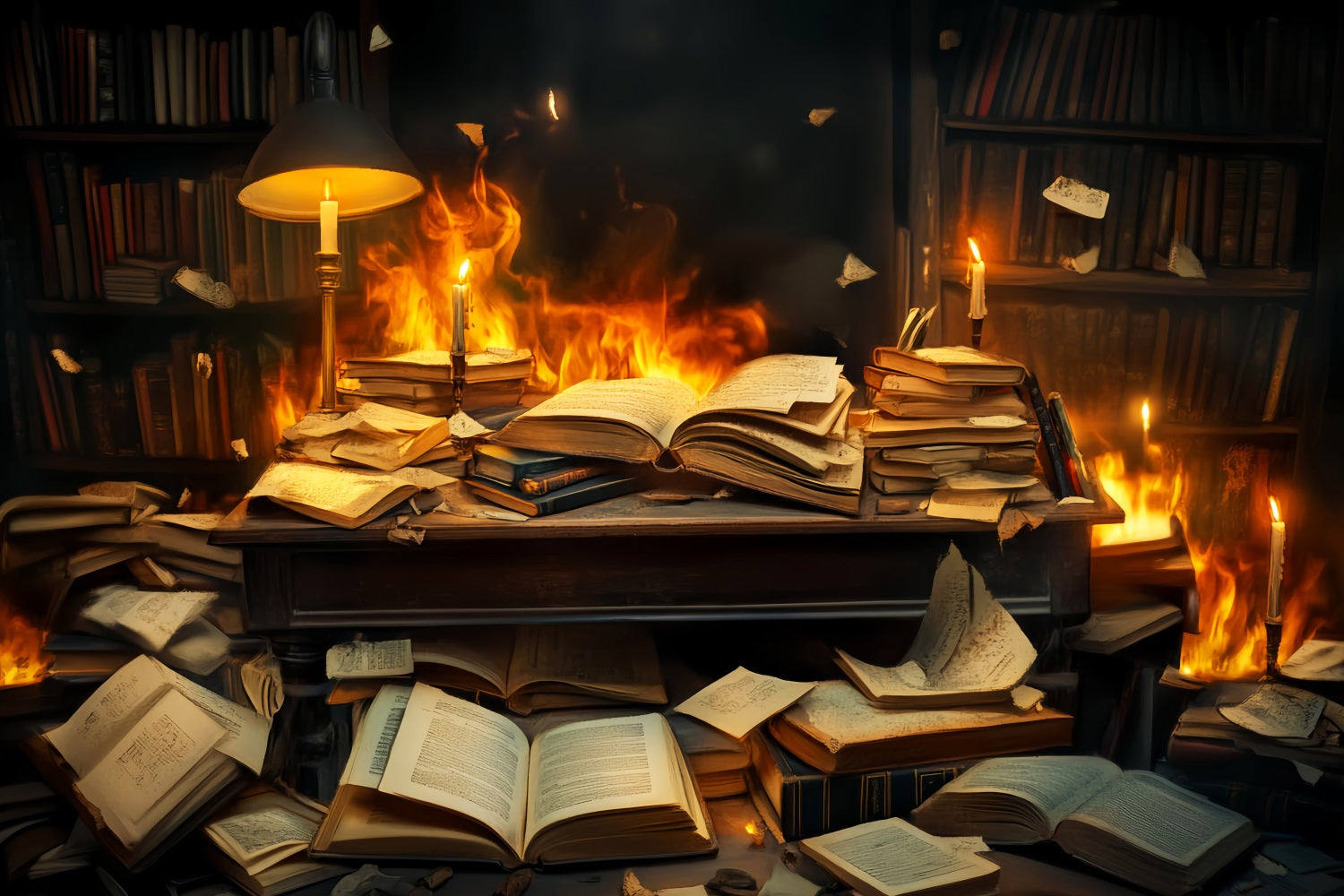Fotohintergrund für den Schulanfang Brennende Bücher Chaotischer Schreibtisch Fotohintergrund für Schulfotos LXX59-244
