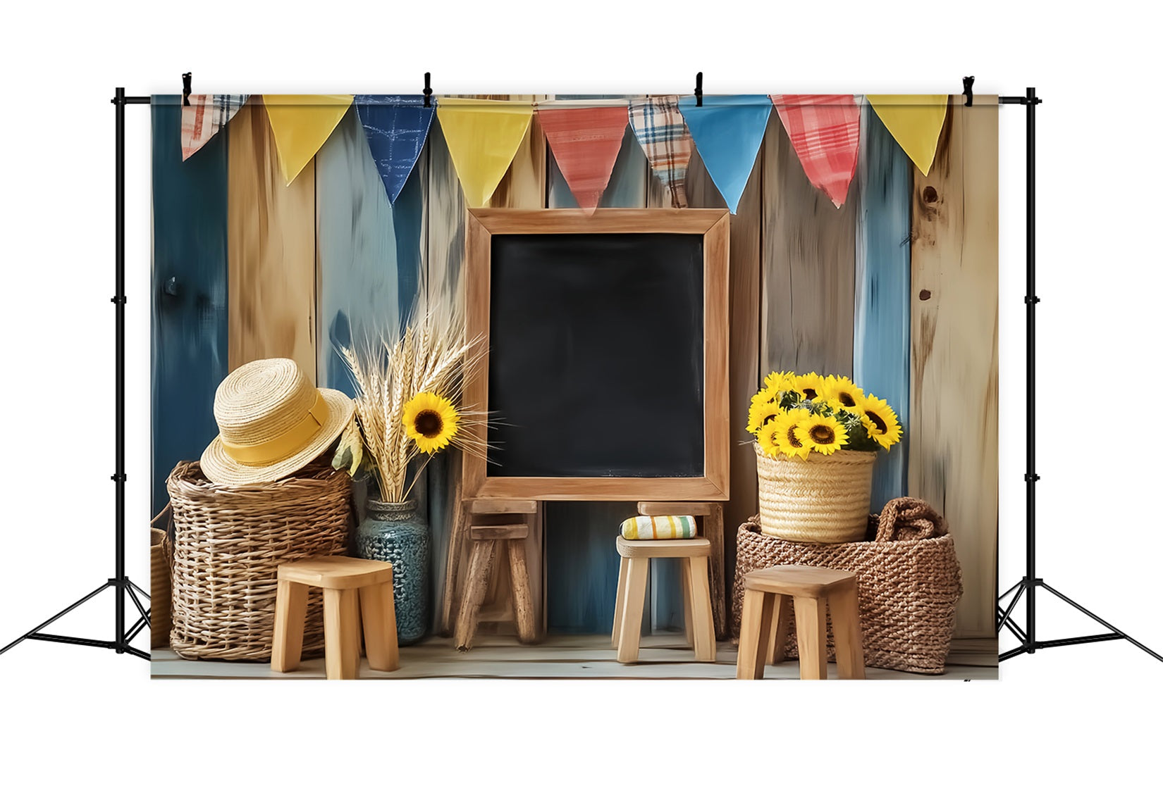 Fotohintergrund für den Schulanfang Rustikale Tafel Sonnenblumen-Dekoration Fotohintergrund für Schulfotos LXX59-246