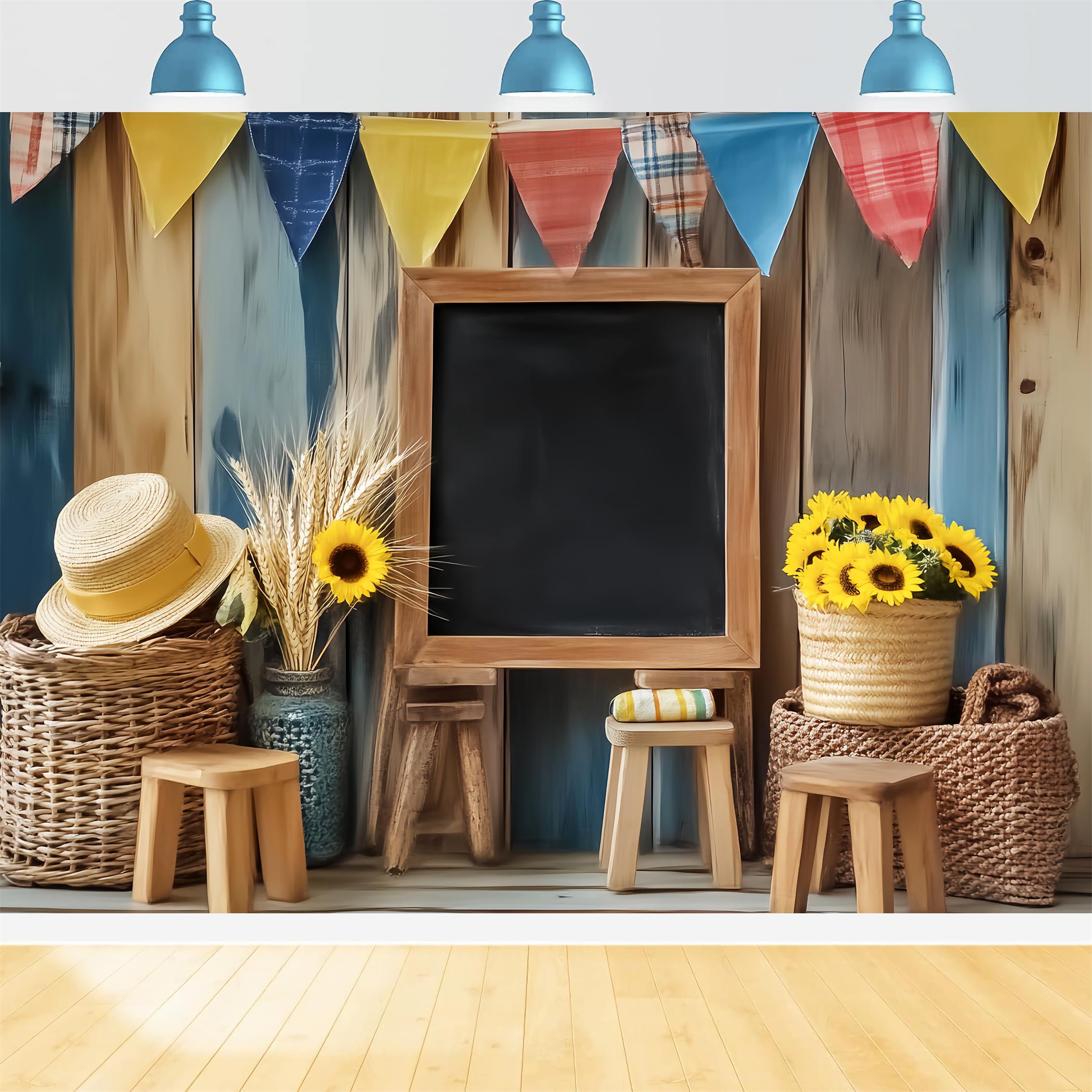 Fotohintergrund für den Schulanfang Rustikale Tafel Sonnenblumen-Dekoration Fotohintergrund für Schulfotos LXX59-246
