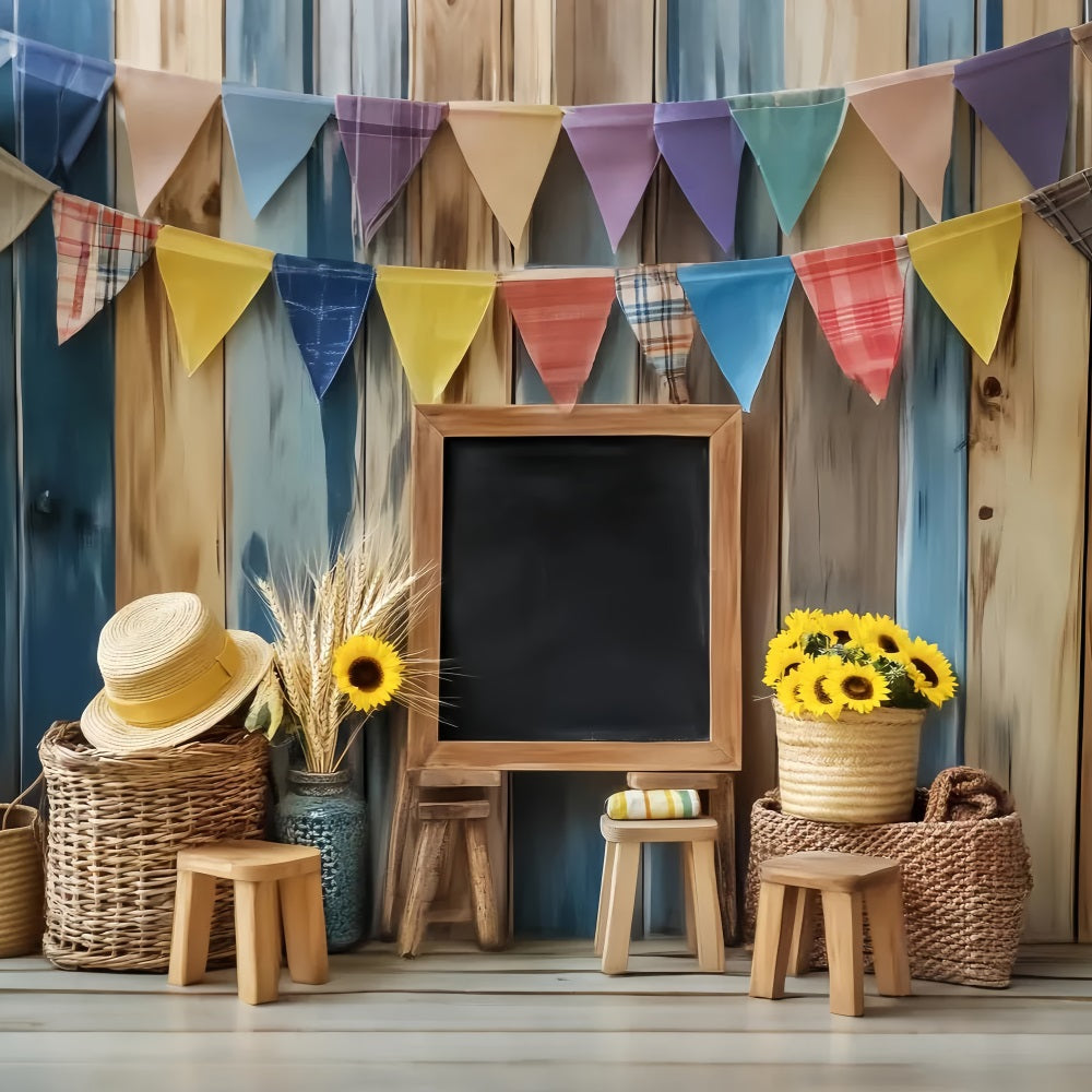 Fotohintergrund für den Schulanfang Rustikale Tafel Sonnenblumen-Dekoration Fotohintergrund für Schulfotos LXX59-246