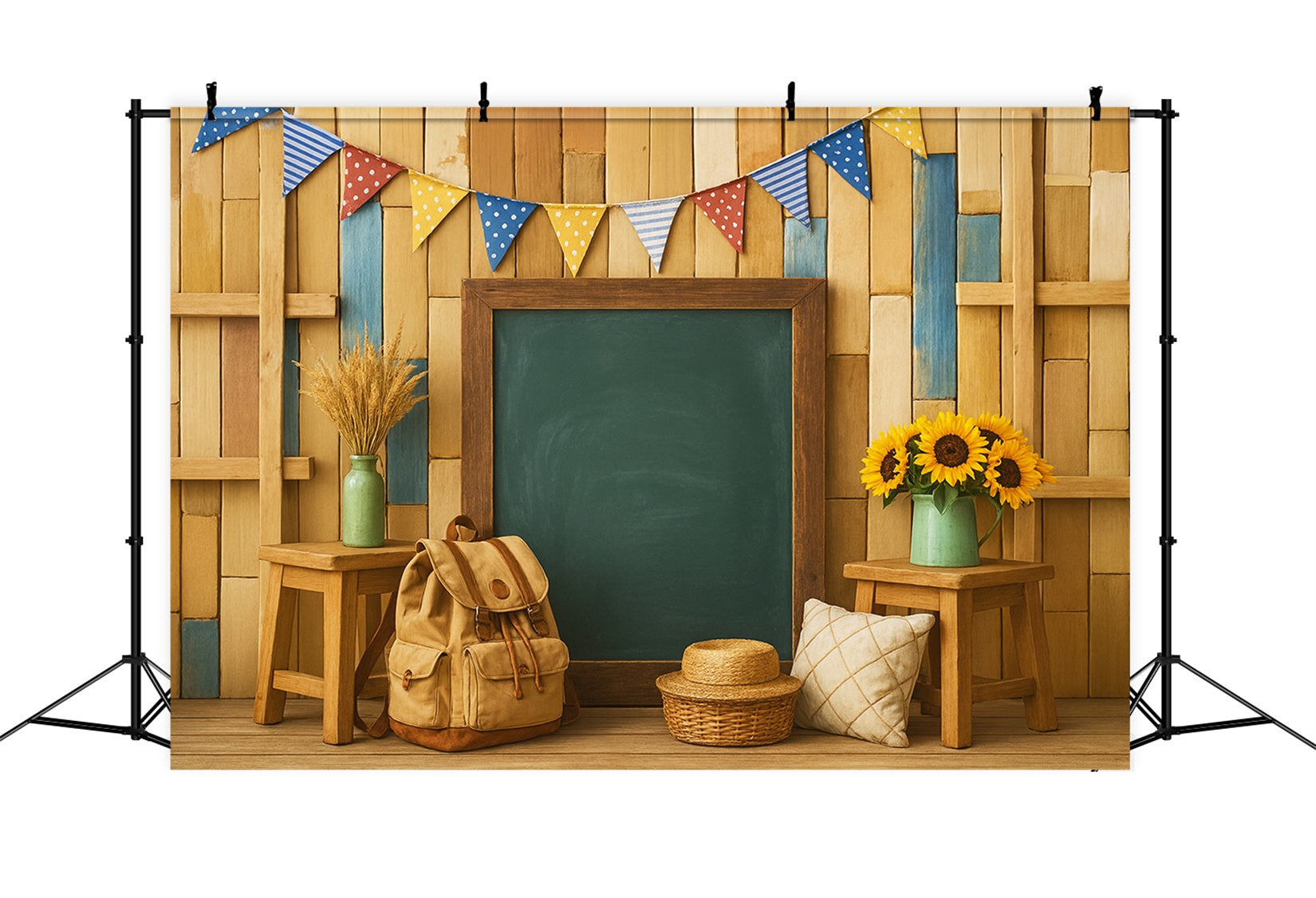 Fotohintergrund für den Schulanfang Holztafel Rucksack-Setup Ideen für den Fotohintergrund für den Schulanfang LXX59-247