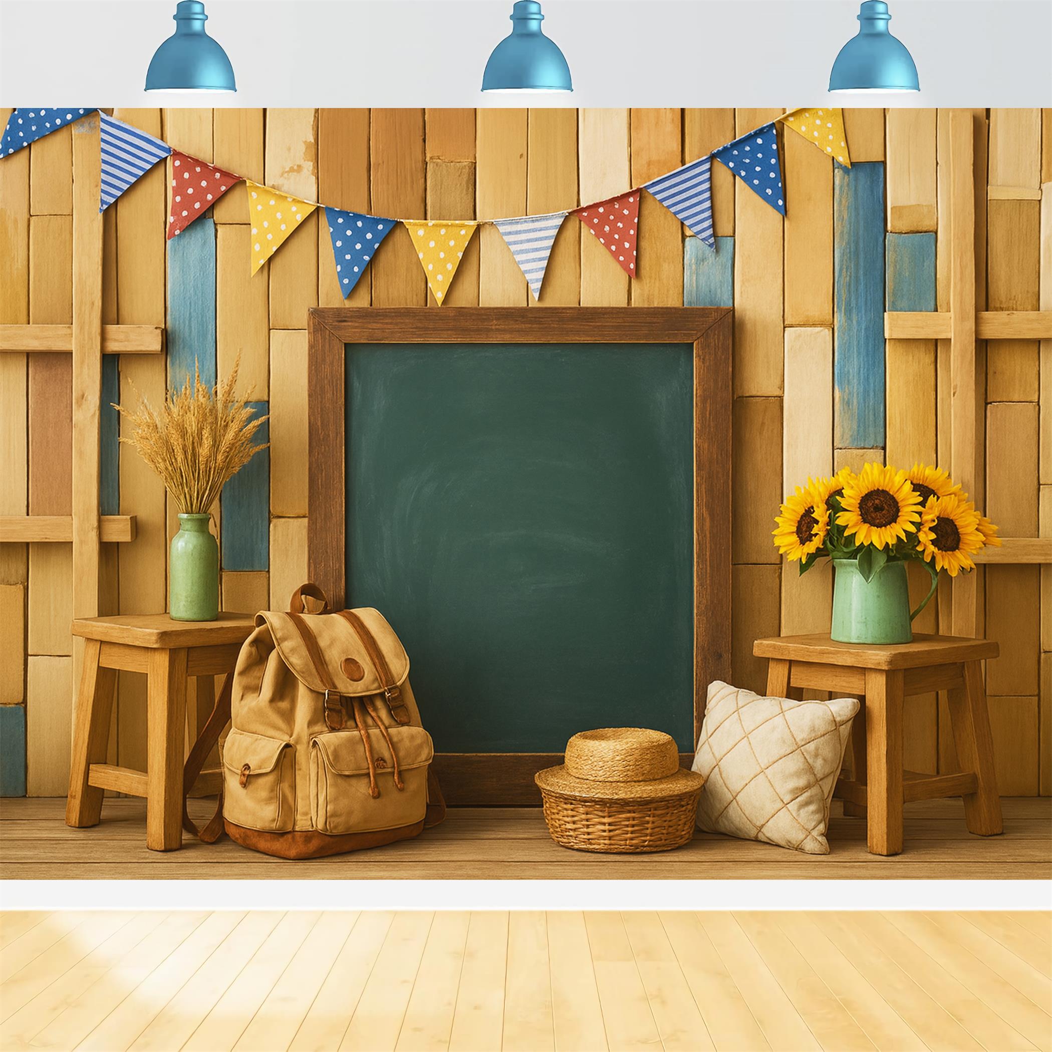 Fotohintergrund für den Schulanfang Holztafel Rucksack-Setup Ideen für den Fotohintergrund für den Schulanfang LXX59-247