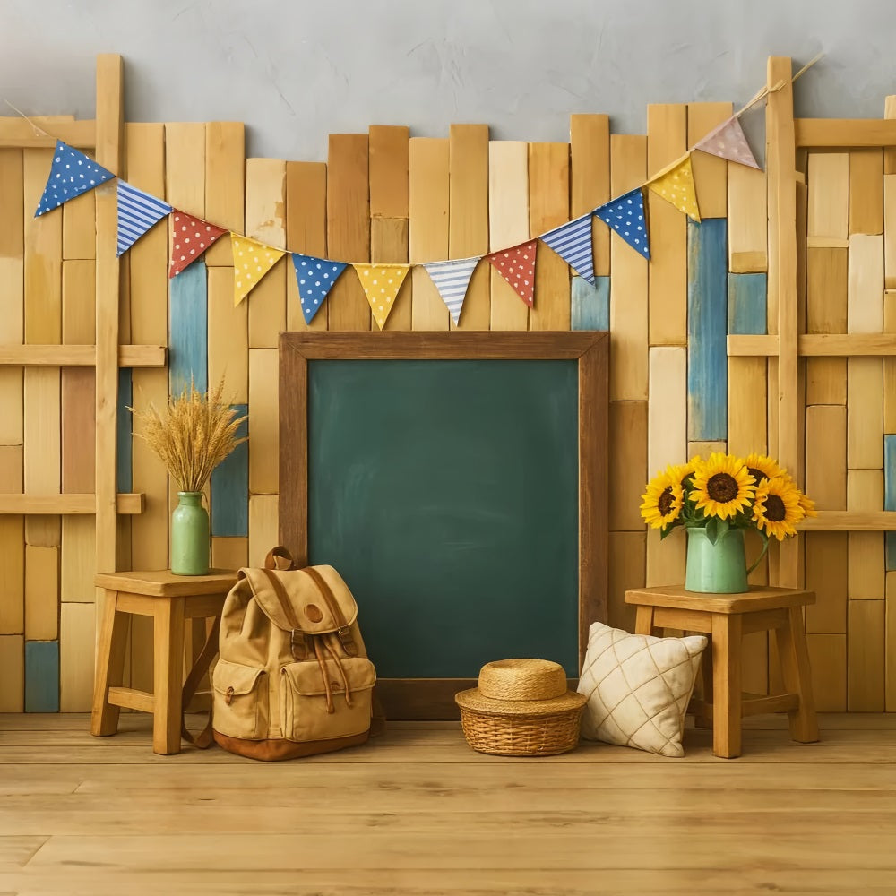 Fotohintergrund für den Schulanfang Holztafel Rucksack-Setup Ideen für den Fotohintergrund für den Schulanfang LXX59-247