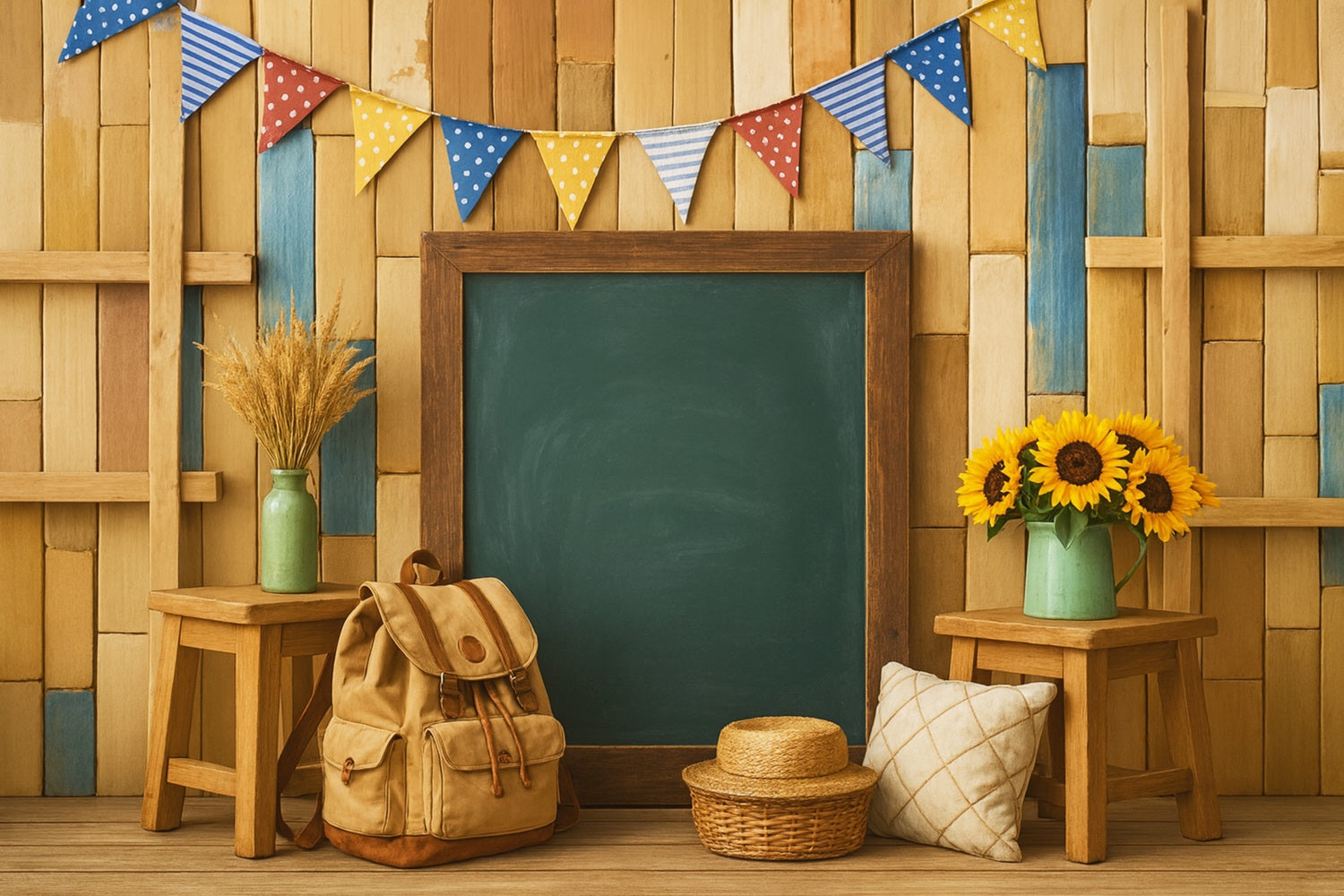 Fotohintergrund für den Schulanfang Holztafel Rucksack-Setup Ideen für den Fotohintergrund für den Schulanfang LXX59-247