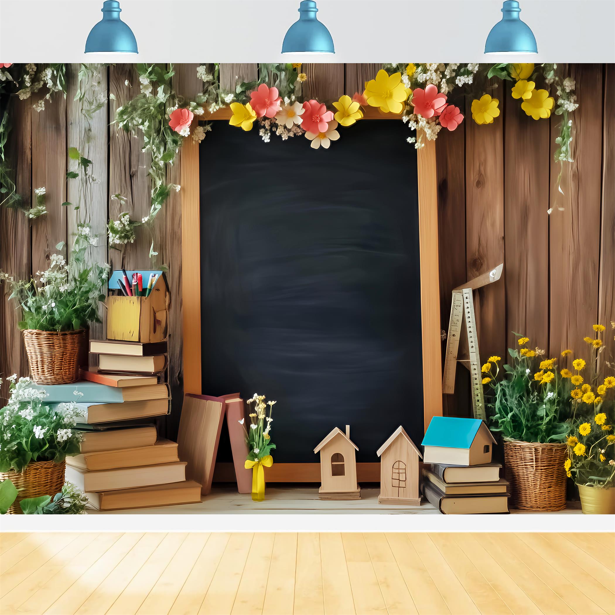 Fotohintergrund für den Schulanfang Blumen-Tafel Bücher-Display Fotohintergründe für den Schulanfang LXX59-248