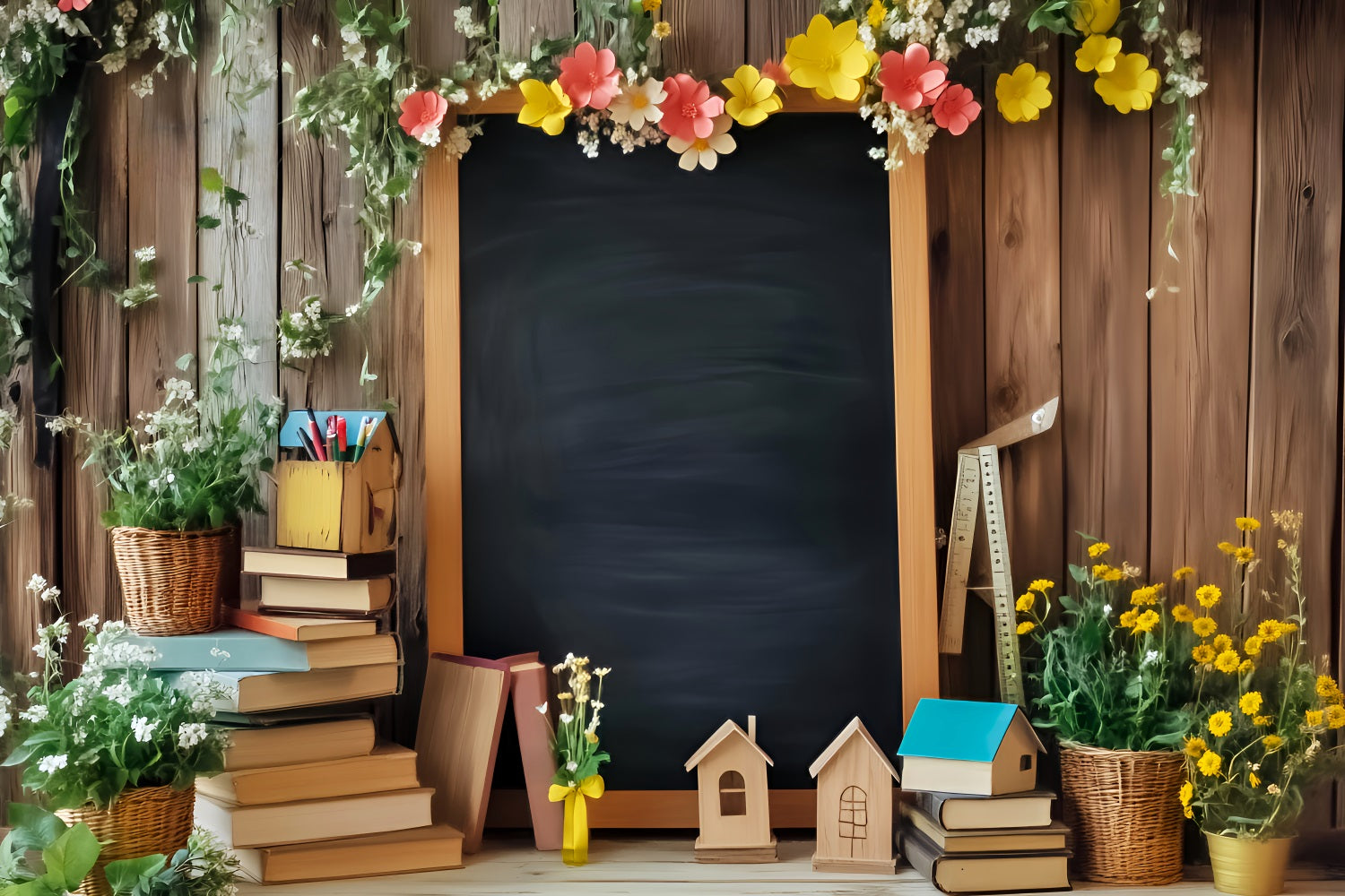 Fotohintergrund für den Schulanfang Blumen-Tafel Bücher-Display Fotohintergründe für den Schulanfang LXX59-248