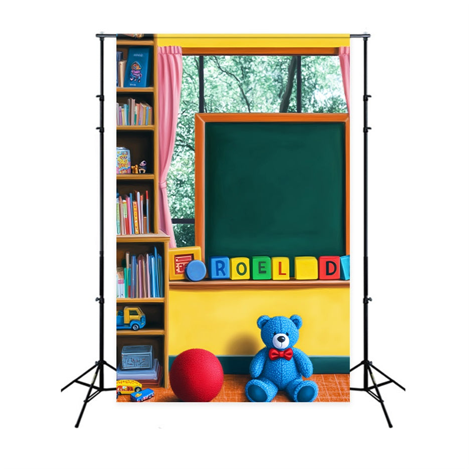 Zurück zur Schule Fotohintergrund Spielzimmer Tafel Spielzeug Bücherregal Vorschul-Fotohintergründe LXX59-250