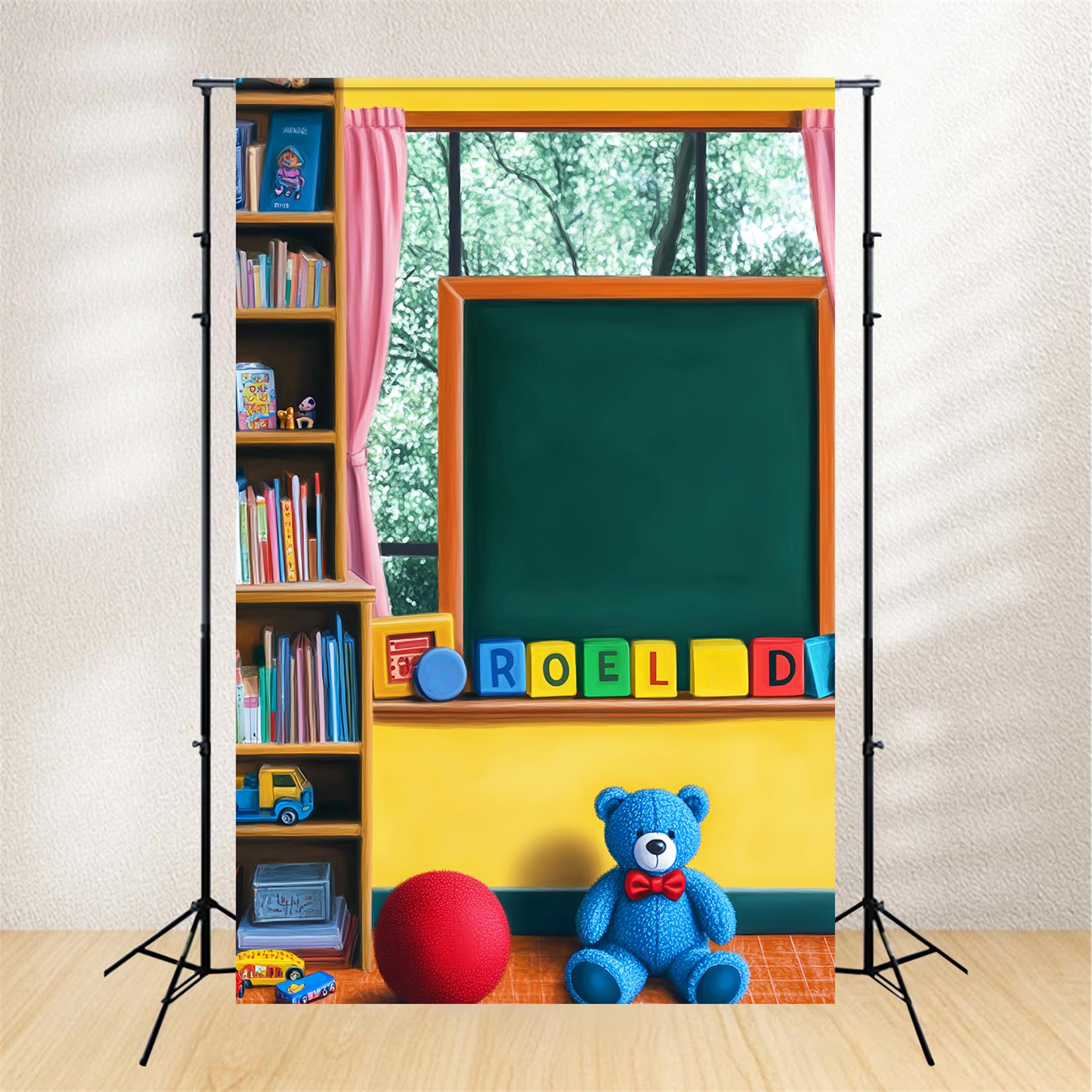 Zurück zur Schule Fotohintergrund Spielzimmer Tafel Spielzeug Bücherregal Vorschul-Fotohintergründe LXX59-250