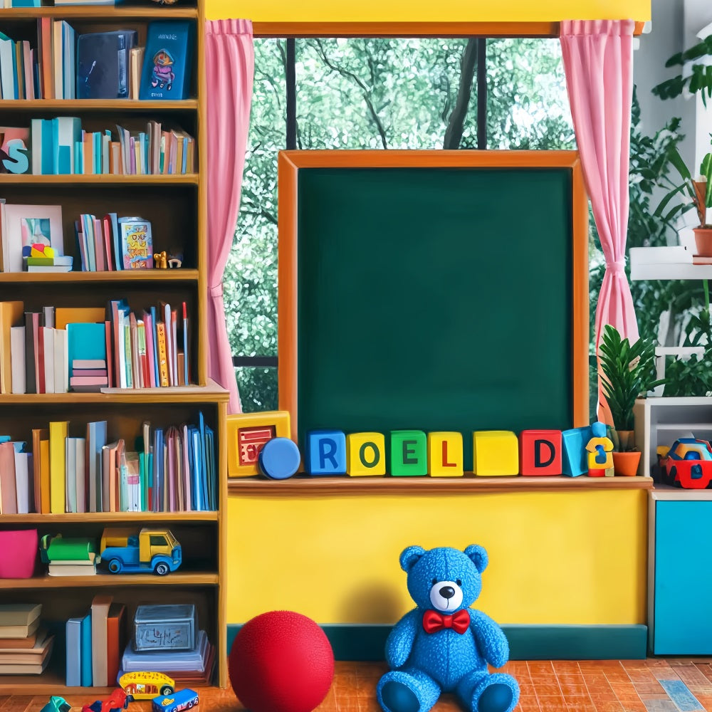 Zurück zur Schule Fotohintergrund Spielzimmer Tafel Spielzeug Bücherregal Vorschul-Fotohintergründe LXX59-250