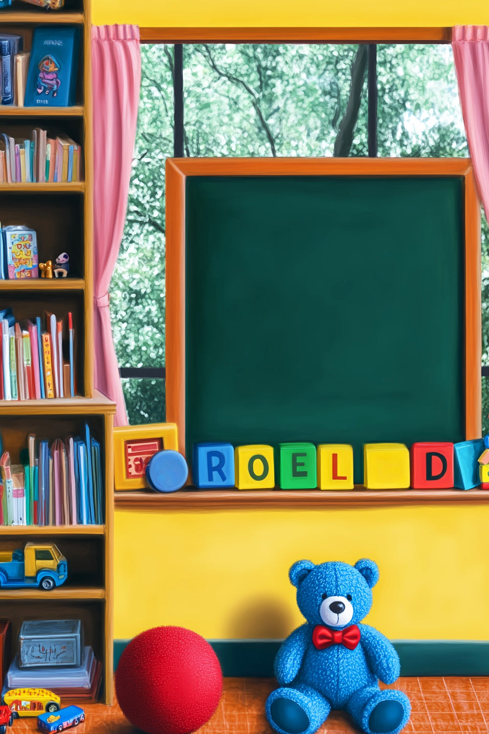 Zurück zur Schule Fotohintergrund Spielzimmer Tafel Spielzeug Bücherregal Vorschul-Fotohintergründe LXX59-250