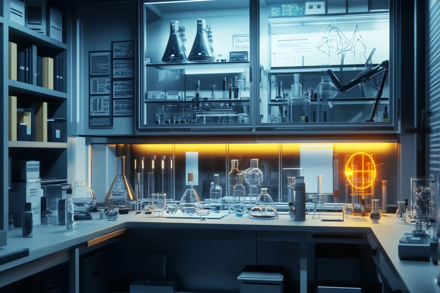 Chemie-Fotohintergrund Futuristisches Neon-Wissenschaftslabor Zurück zur Schule Fotohintergrund LXX59-252