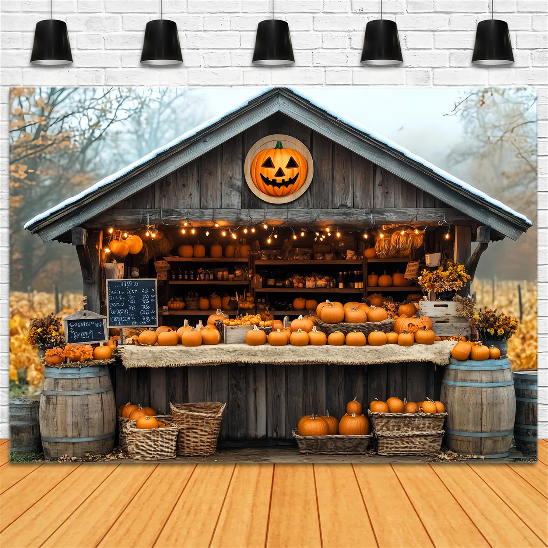 Herbst-Fotohintergrund Kürbismarkt Holzhütte Herbst-Fotohintergrund LXX59-260