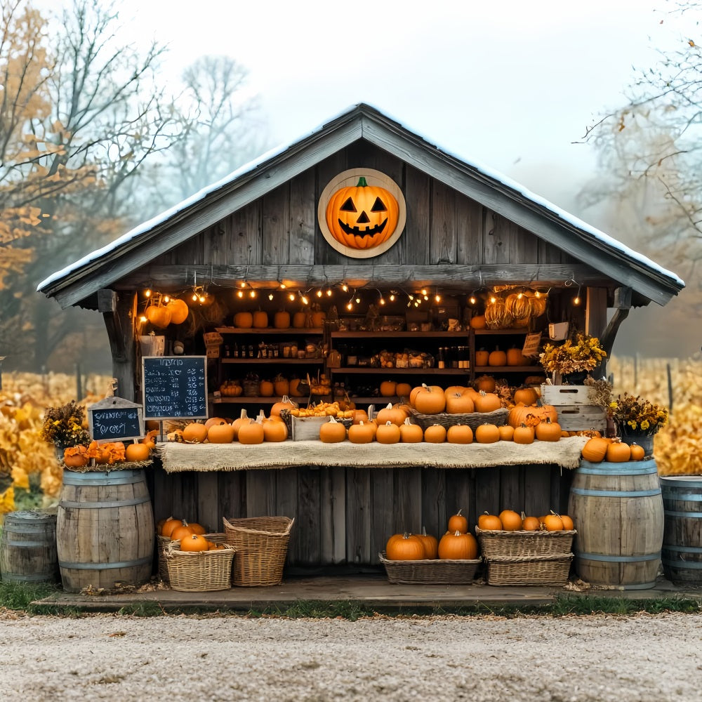 Herbst-Fotohintergrund Kürbismarkt Holzhütte Herbst-Fotohintergrund LXX59-260
