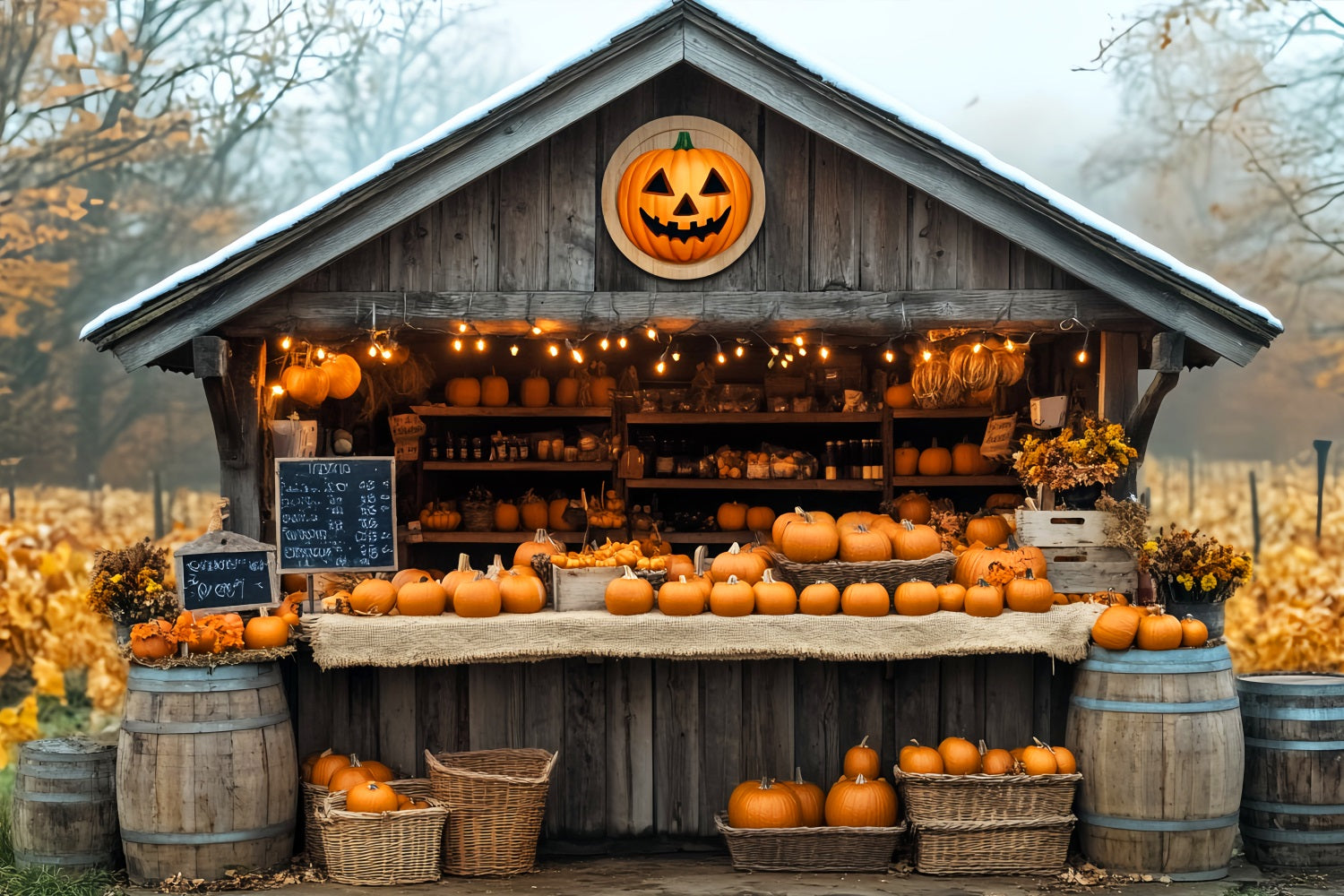Herbst-Fotohintergrund Kürbismarkt Holzhütte Herbst-Fotohintergrund LXX59-260