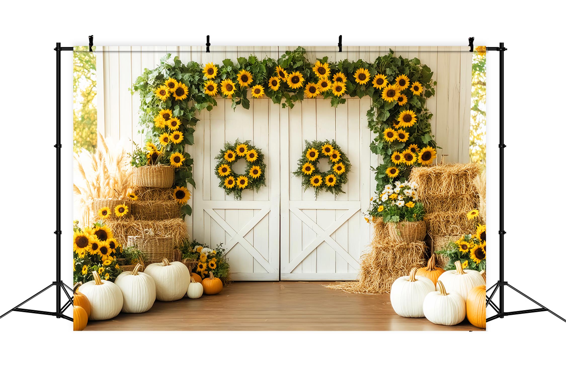Scheunentor-Kulisse Sonnenblumen Kürbisernte Herbstfotografie-Kulissen LXX59-262