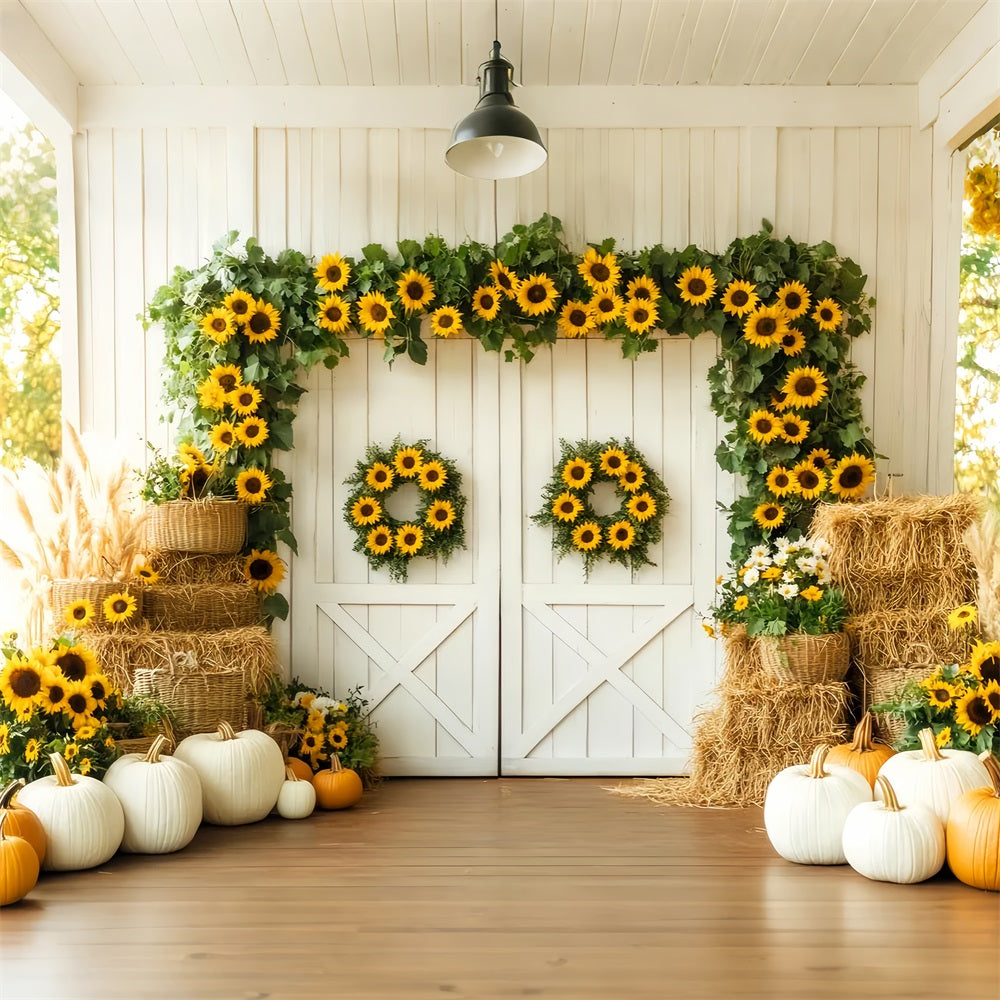 Scheunentor-Kulisse Sonnenblumen Kürbisernte Herbstfotografie-Kulissen LXX59-262