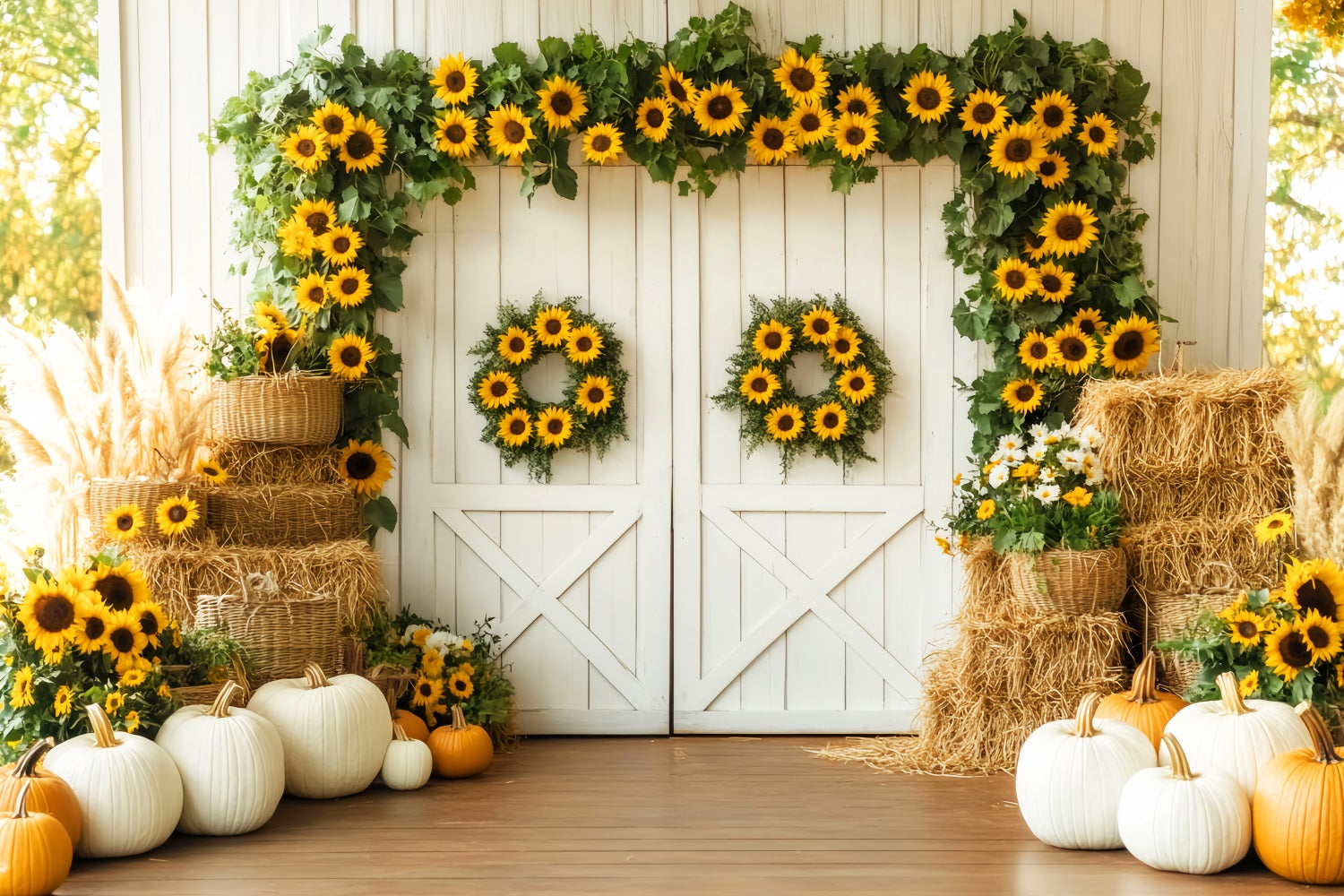 Scheunentor-Kulisse Sonnenblumen Kürbisernte Herbstfotografie-Kulissen LXX59-262