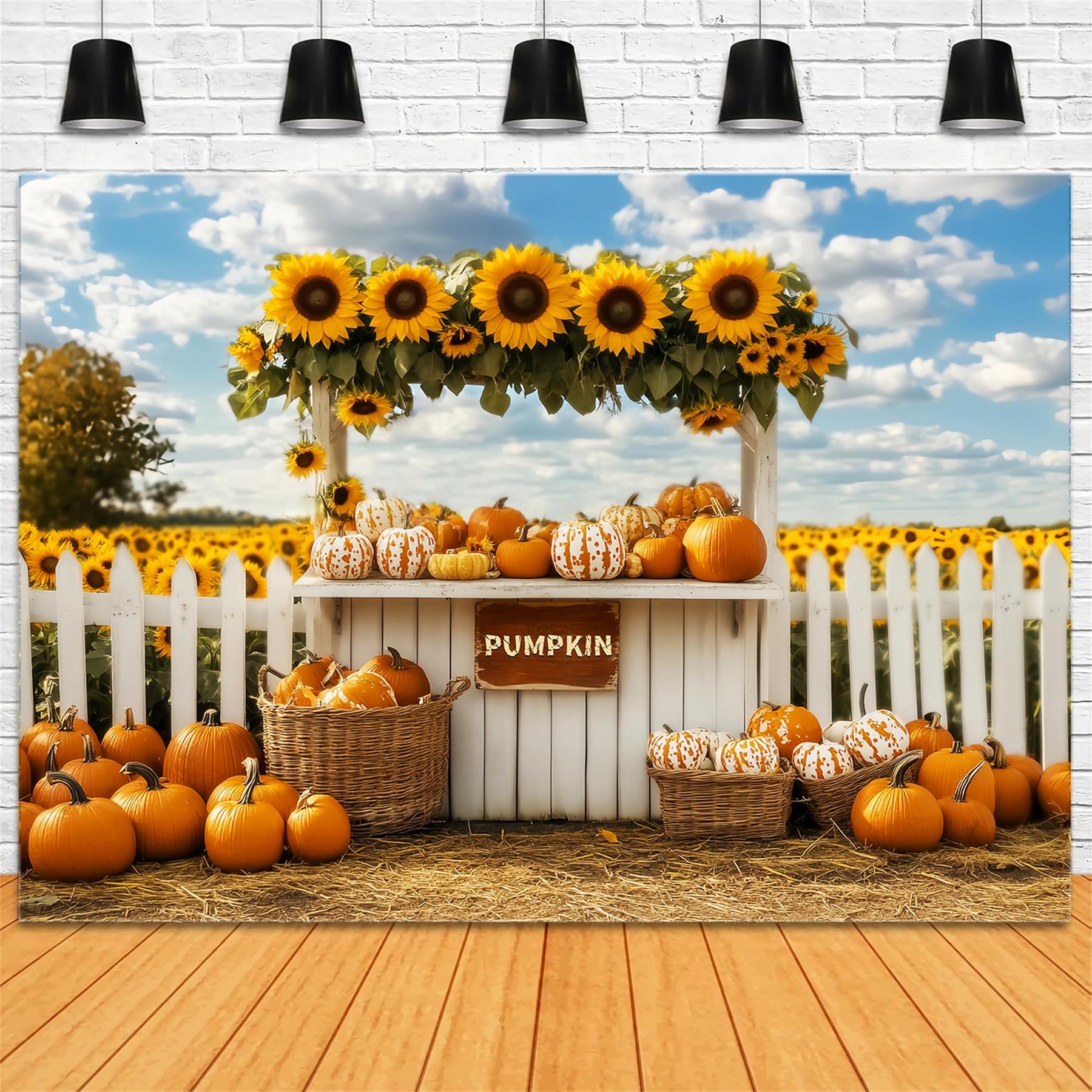 Herbstkulisse Kürbis Sonnenblumen Marktstand Herbstfotokulissen LXX59-266