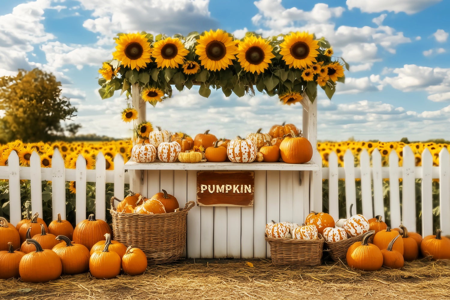 Herbstkulisse Kürbis Sonnenblumen Marktstand Herbstfotokulissen LXX59-266