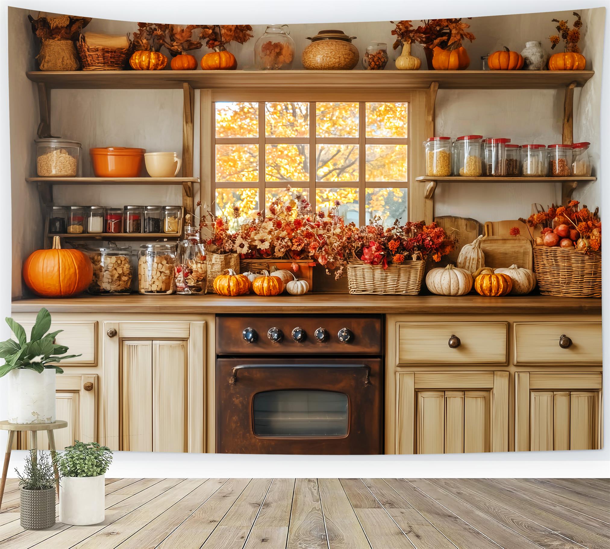 Küchenhintergrund Herbstfenster Gemütliche Dekoration Herbstfotografie-Studiohintergründe LXX59-272
