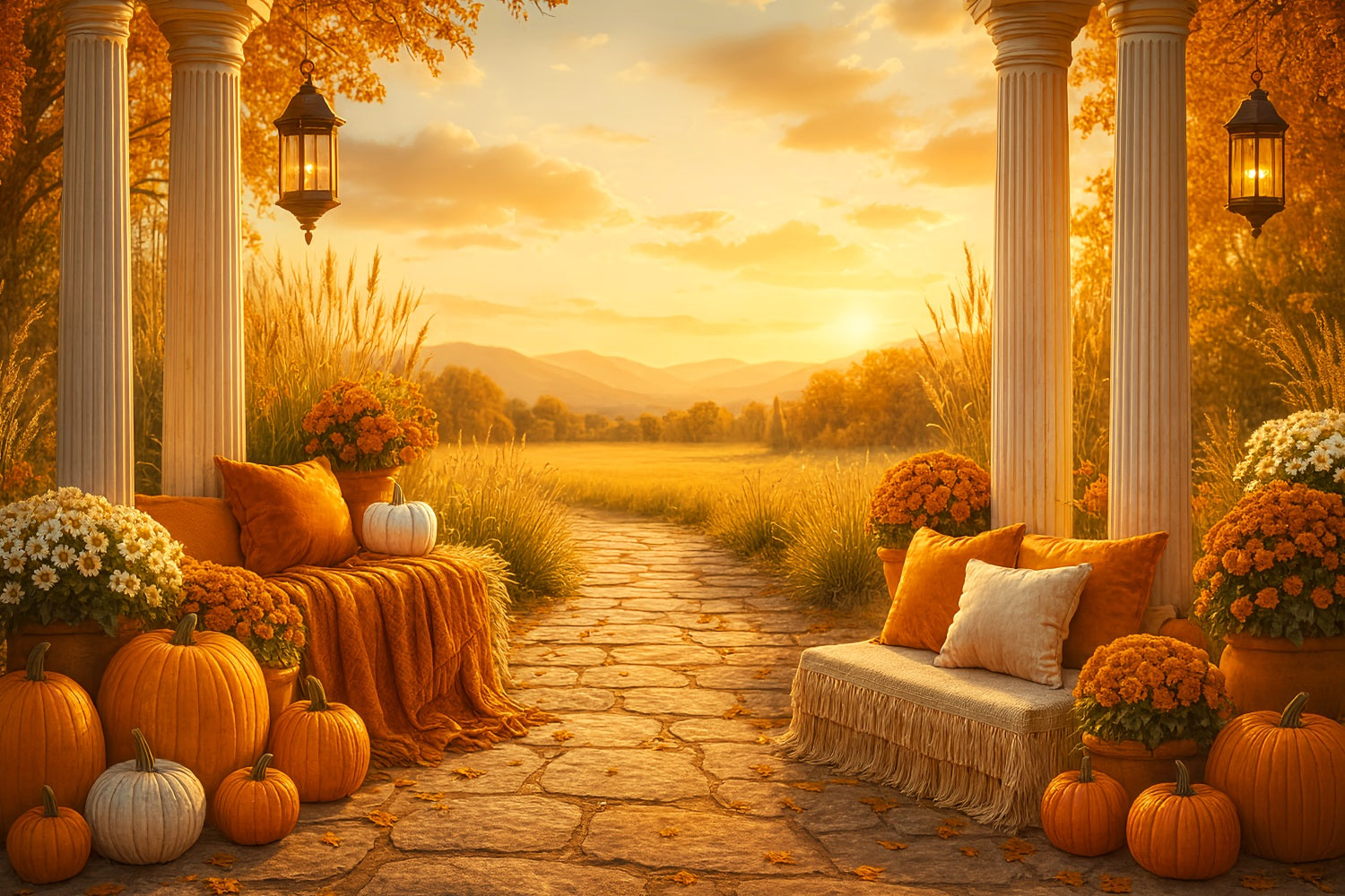 Rustikaler Fotohintergrund Goldener Herbst Sonnenuntergang Veranda Herbst-Studiohintergründe für Fotografie LXX59-276