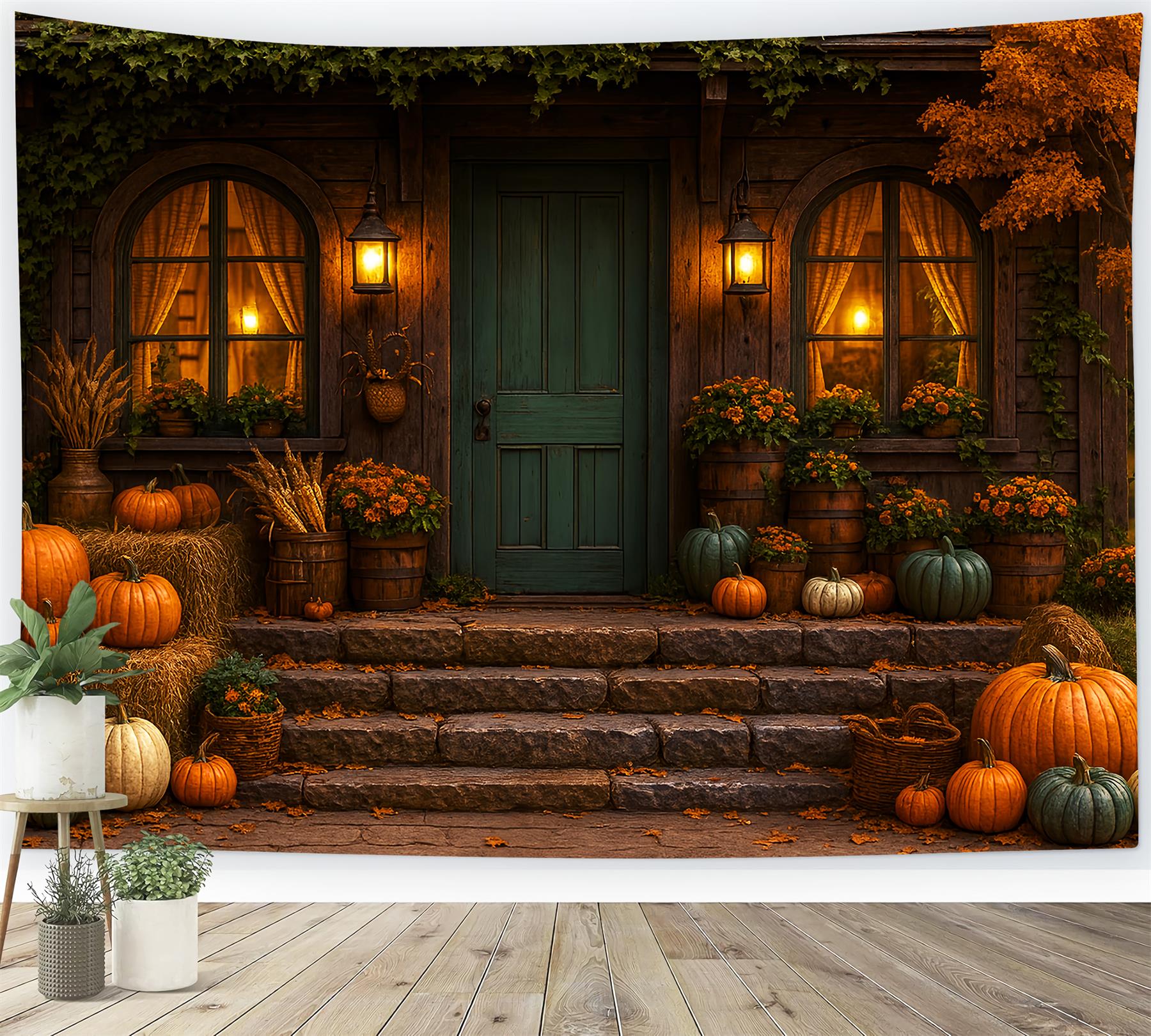 Rustikaler Fotohintergrund Gemütliche Herbstveranda Kürbisse Herbstfotografie-Studiohintergründe LXX59-279