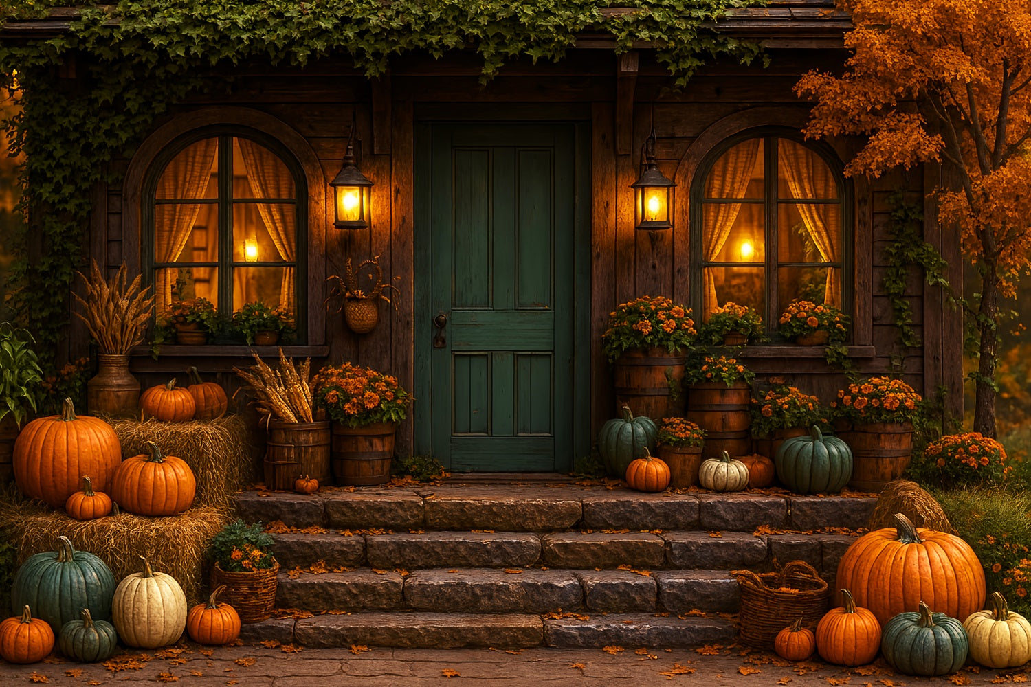 Rustikaler Fotohintergrund Gemütliche Herbstveranda Kürbisse Herbstfotografie-Studiohintergründe LXX59-279