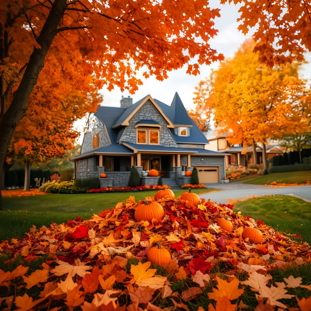 Herbstlicher Außenhintergrund Herbsthaus Kürbisstapel Herbstlaub-Fotohintergrund LXX59-288