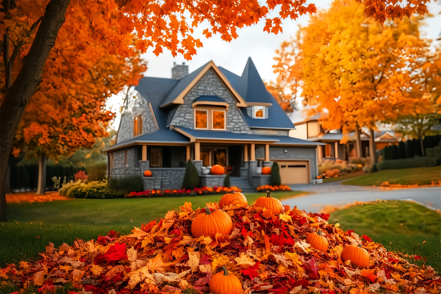 Herbstlicher Außenhintergrund Herbsthaus Kürbisstapel Herbstlaub-Fotohintergrund LXX59-288