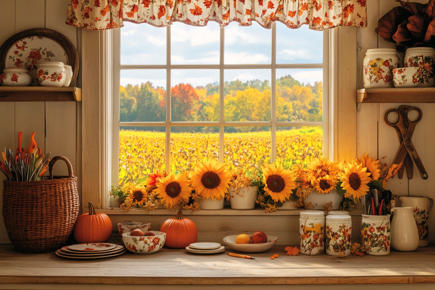 Küchenhintergrund Gemütliche Herbstküche Sonnenblumen Herbsthintergründe LXX59-291
