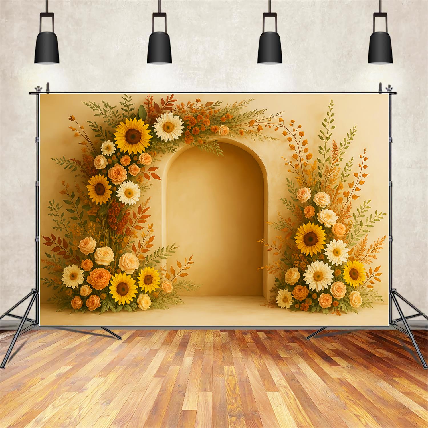 Boho-Fotohintergrund Sonnenblumenbogen Kürbisse Herbst-Fotografie-Studiohintergründe LXX59-294