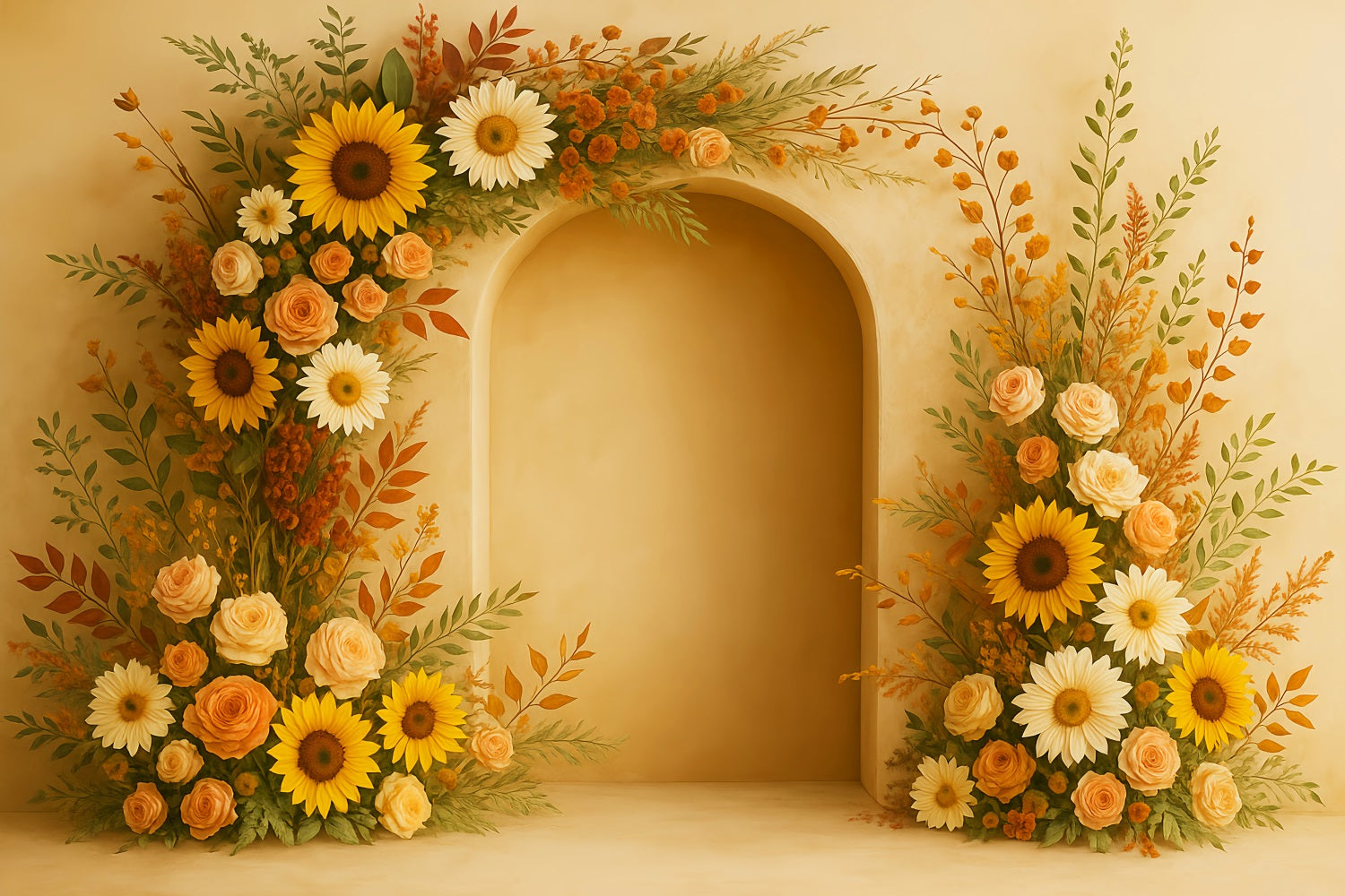 Boho-Fotohintergrund Sonnenblumenbogen Kürbisse Herbst-Fotografie-Studiohintergründe LXX59-294