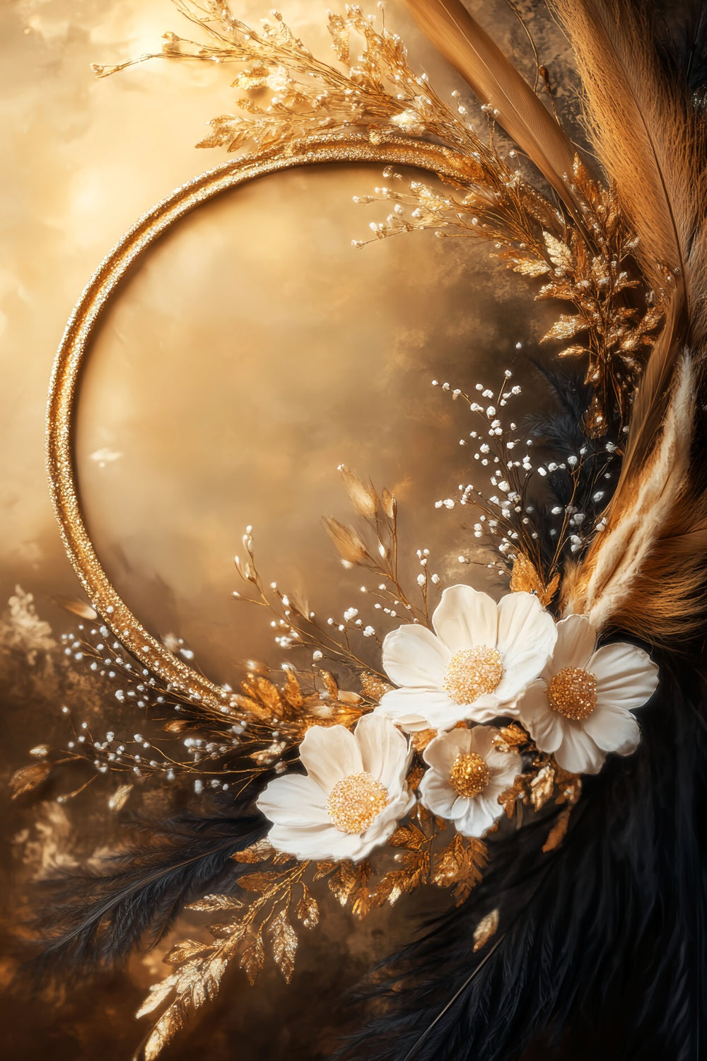 Boho-Fotohintergrund Eleganter goldener Blumenrahmen Herbst-Fotohintergrund LXX59-295